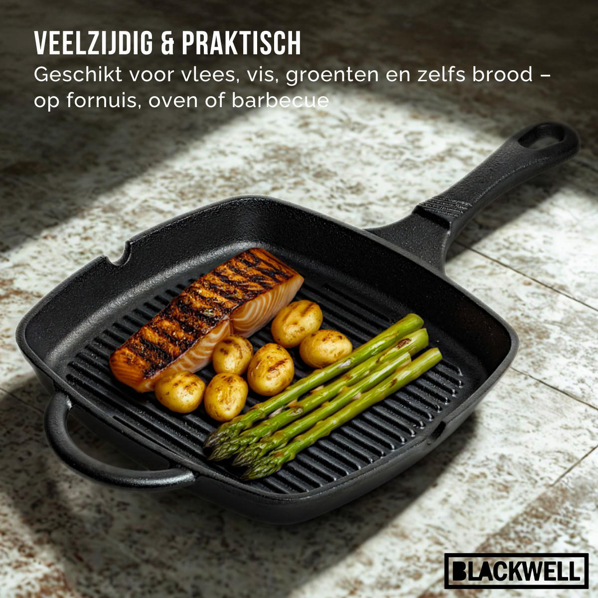 PFANNENSET aus Gusseisen – Grillpfanne 23 x 23 cm, Bratpfanne Ø 25 cm & Wok Ø 32 cm – 3-teilig – geeignet für alle Herdarten - Schwarz, Keramik (1/2/2cm) - Blackwell