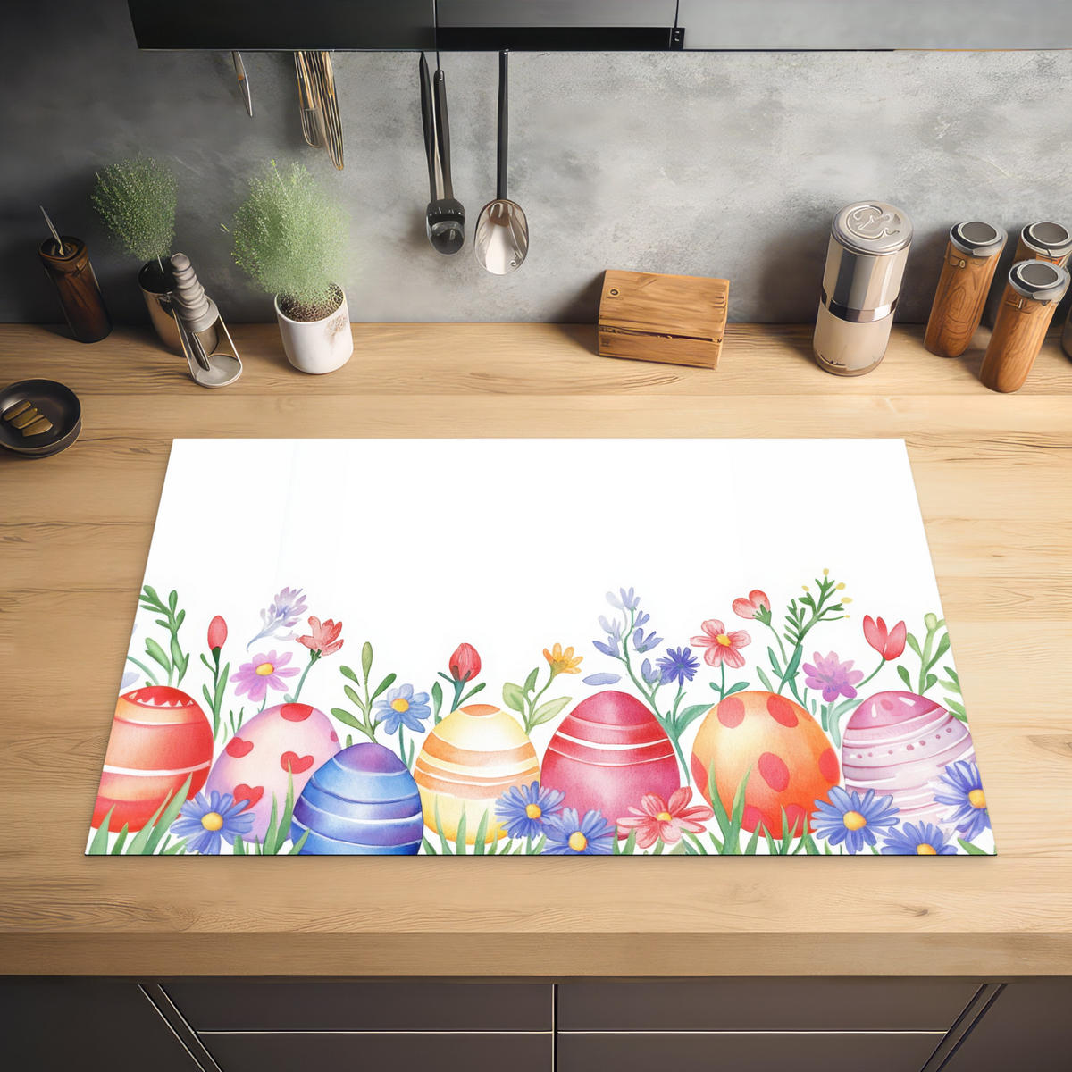 HERDABDECKPLATTE Blumengarten - Bunt - Eier Ceranfeldabdeckung 80x52 cm - Weiß, Kunststoff (80/52/0.2cm) - MuchoWow