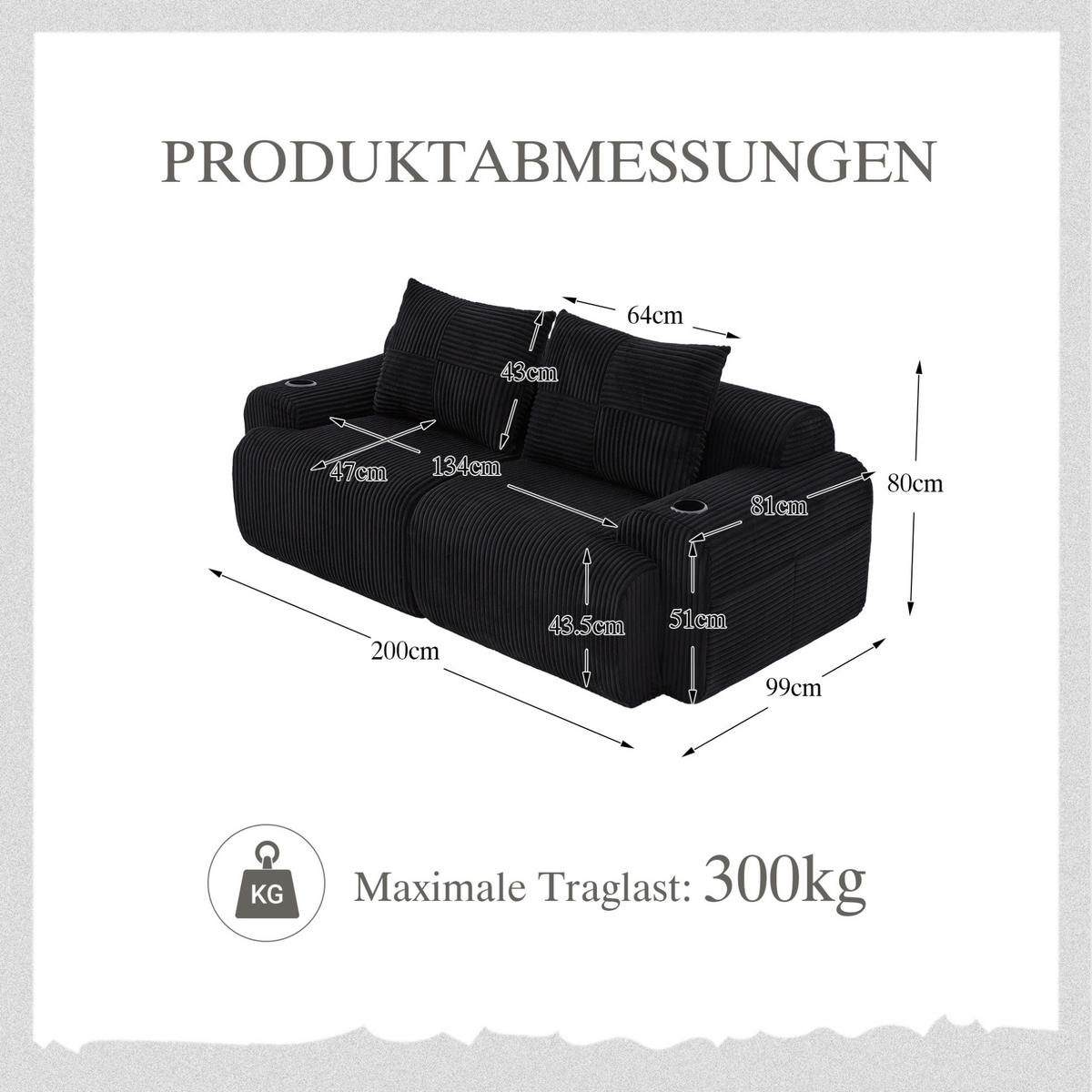 2-SITZER Cordsofa modular mit Getränkehalter und Seitentasche 200/99/80 cm Schwarz - Schwarz, Textil (99/80/200cm) - Redom
