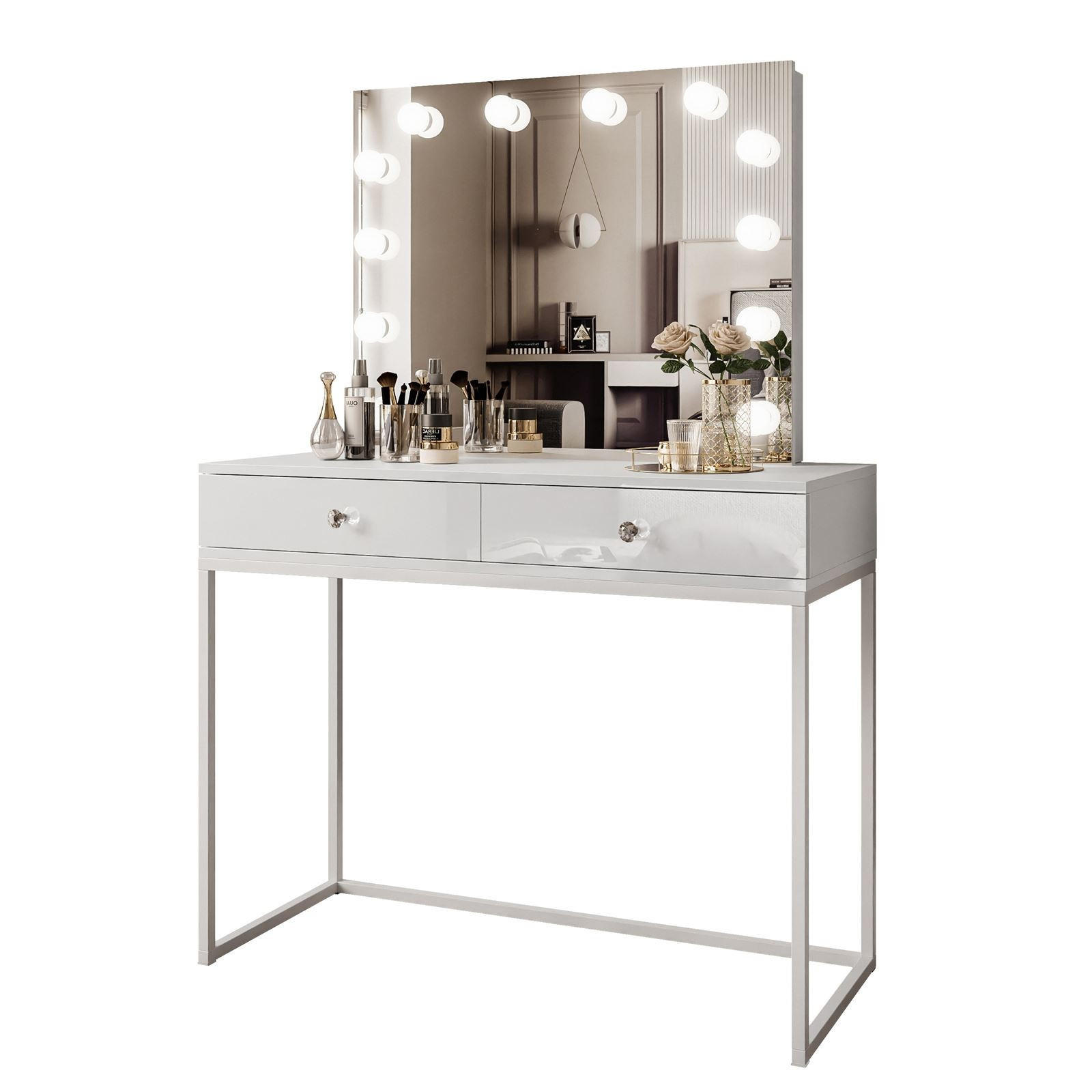 SCHMINKTISCH BLANCO LOFT ELITE mit Spiegel und Beleuchtung Weiß Hochglanz Kristallgriff - Weiß Hochglanz/Weiß, Holzwerkstoff (100/146/42cm) - Lookway