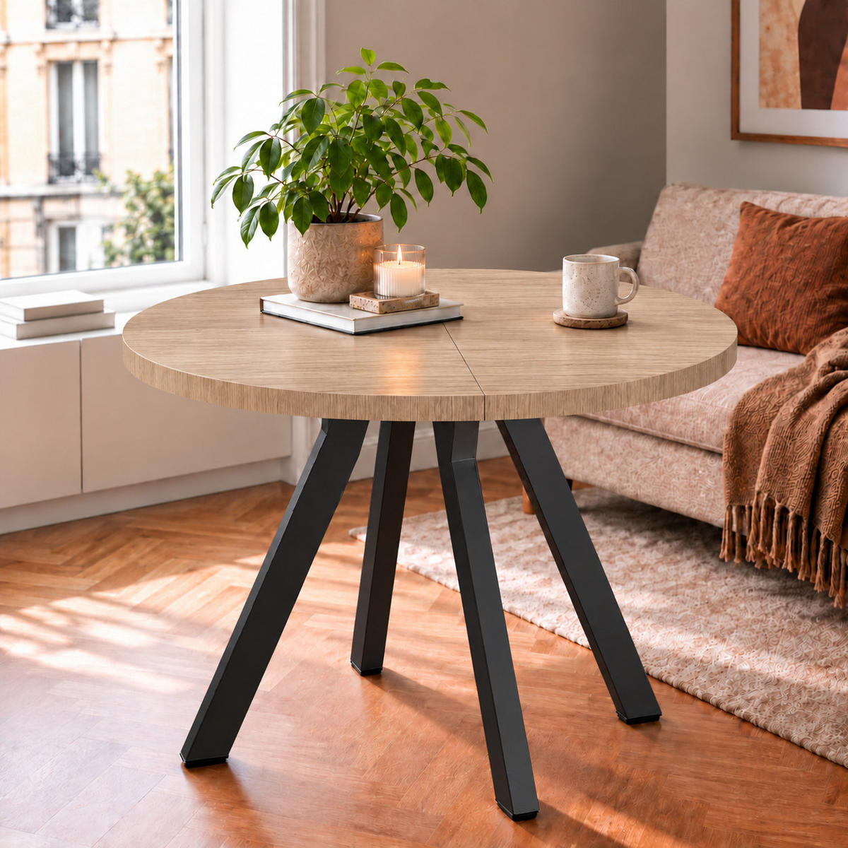 ESSTISCH rund ausziehbar 90/190/76 cm, Hellbraun Eiche Hikora Egger, 54 cm Tischplatte + Y Metallgestell Schwarz - Hellbraun/Eichefarben, Holzwerkstoff/Metall (90/190/76cm) - Damale Möbel