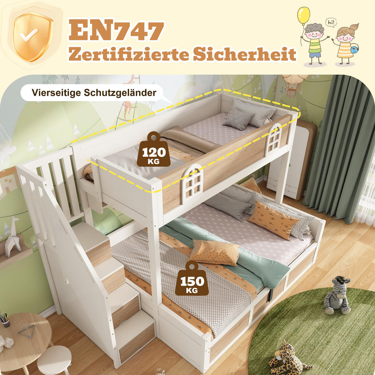 ETAGENBETT 90/200 cm & 140/200 cm in Weiß & Natur mit Stauraum, Regal und 4 Stufen - Weiß/Naturfarben, Holz/Holzwerkstoff (140/200cm) - WISHDOR
