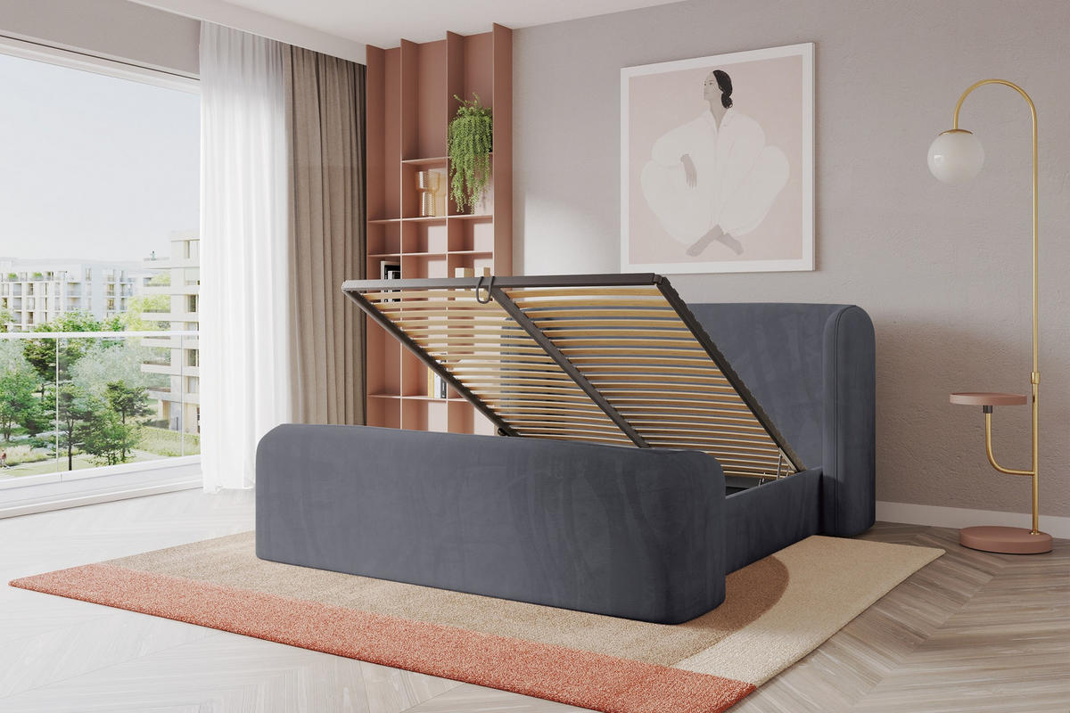POLSTERBETT mit Bettkasten, Fußteil und Lattenrost, Boxbett ohne Matratze - ESTI-Z 160x200 Dunkelgrau - Dunkelgrau, Holzwerkstoff/Textil (160/200cm) - ALTDECOR