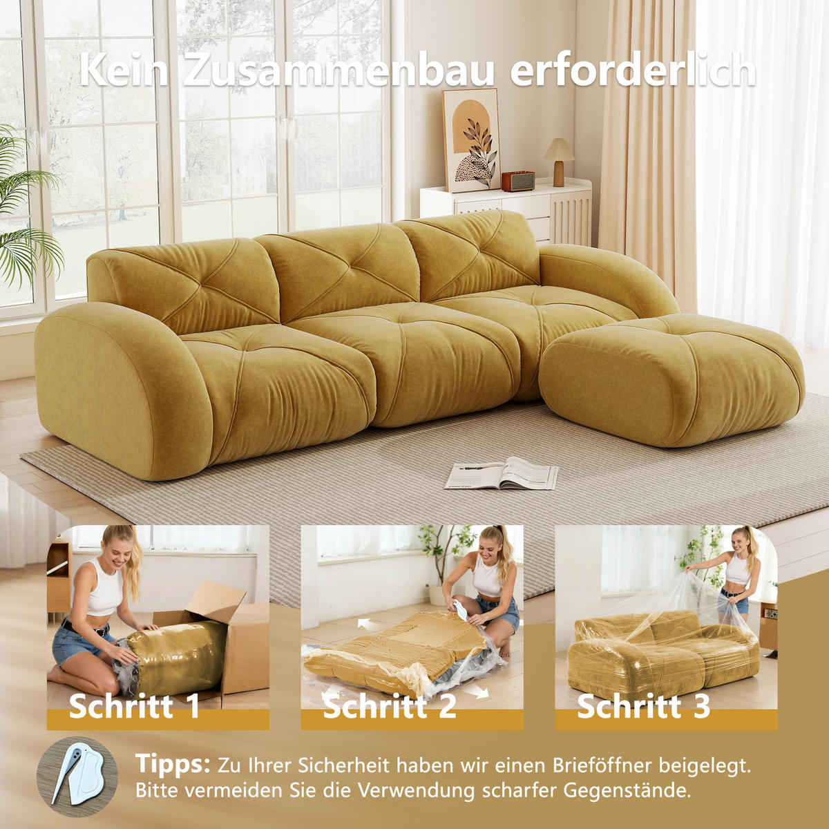 3-SITZER ECKSOFA Chenille Gelb mit Hocker - Gelb, Textil (281/171cm) - WISHDOR