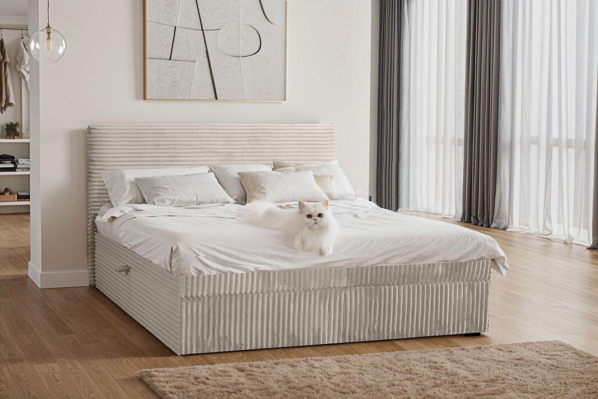 BOXBETT Bettkasten Und Topper TRENTO Ohne Bein Stoff Plüsch Cord 160x200 cm Ecru H2-Pocket - Ecru, Holz/Textil (160/200cm) - Kaiser Möbel