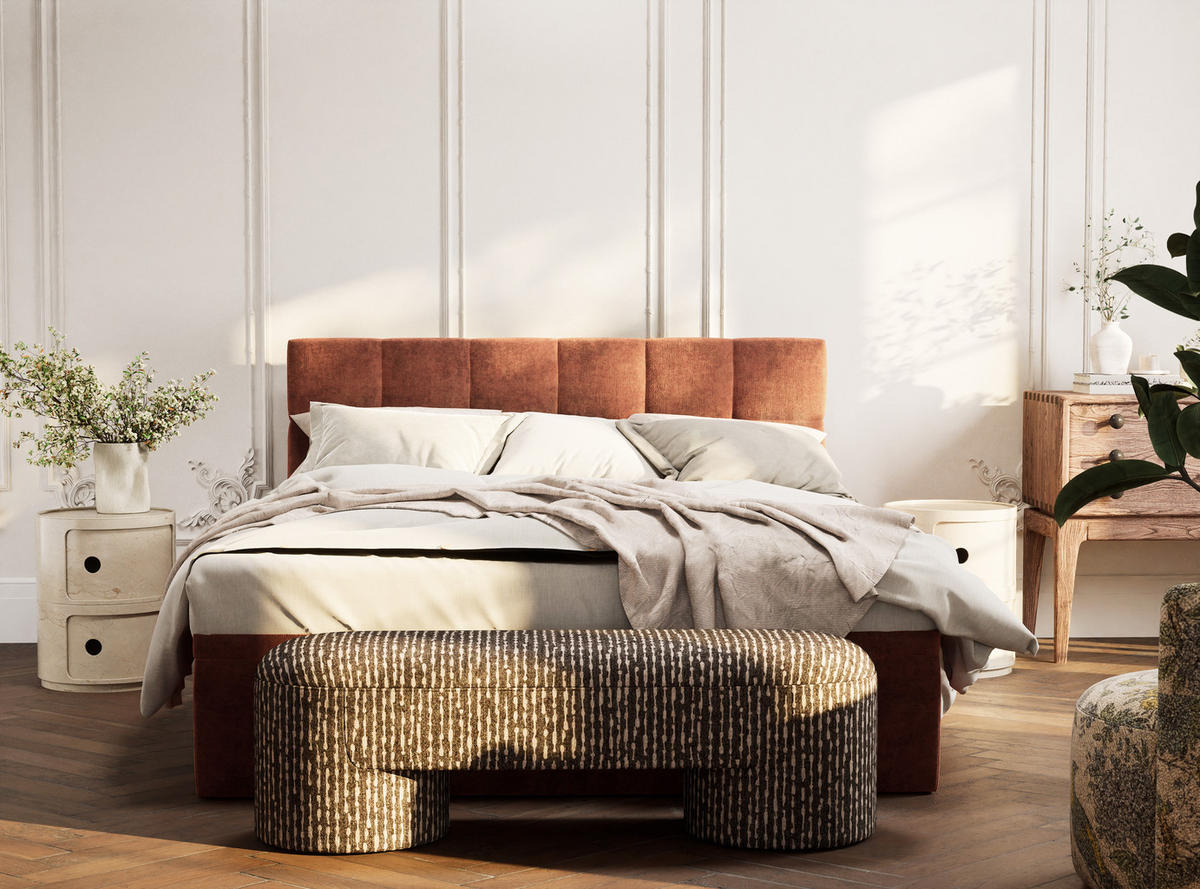 BOXBETT 200/200 cm Gotu S, in Kupferfarbe, Matratze, gepolstertes Kopfteil, Bettkasten, H3 = fest - Schwarz/Kupferfarben, Holz/Holzwerkstoff (200/200cm) - Maison de Reve