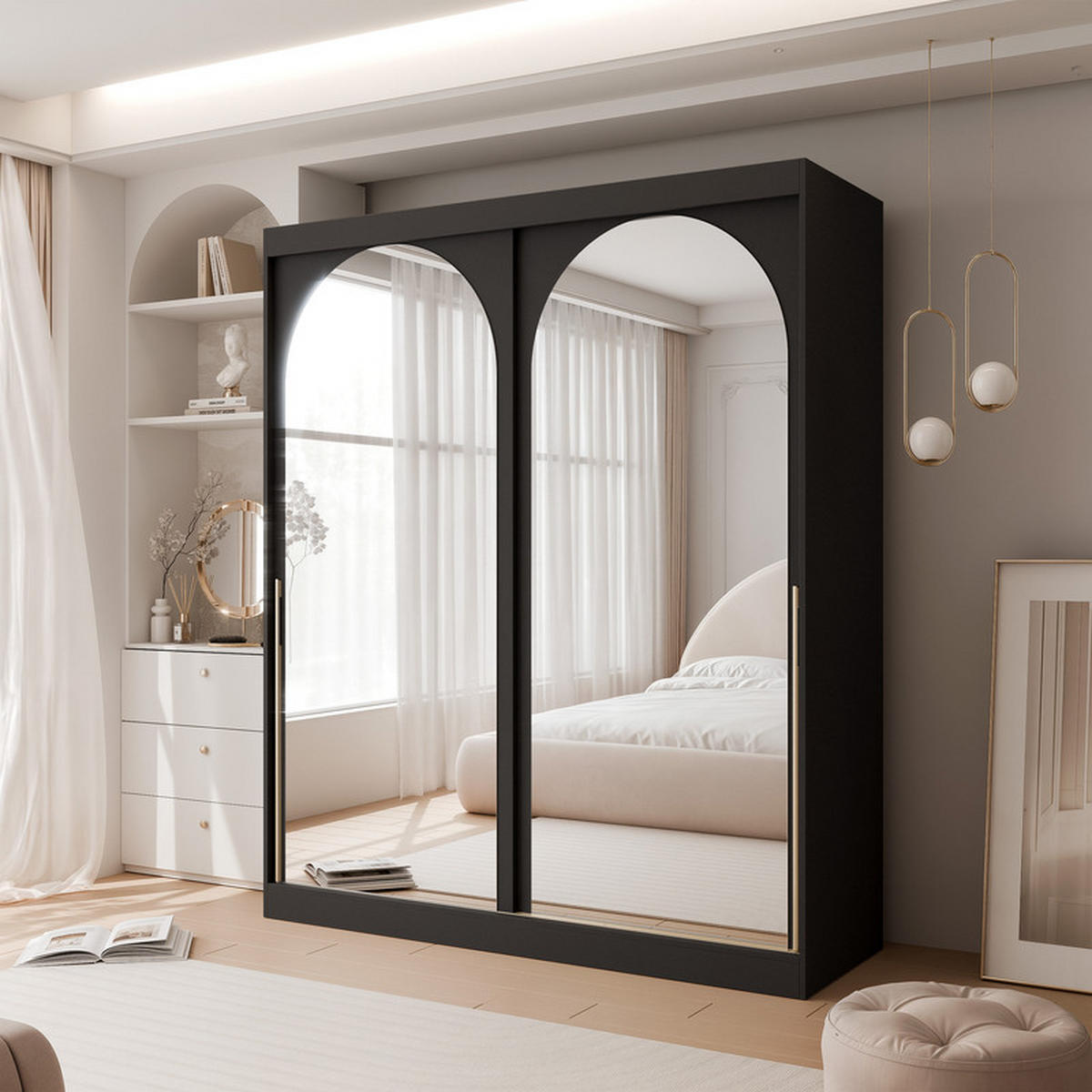 SCHWEBETÜRENSCHRANK CLARITY 2-türig 200/65/215 cm Schwarz / goldene Griffe - Goldfarben/Schwarz, Holzwerkstoff/Kunststoff (200/215/65cm) - Idohome