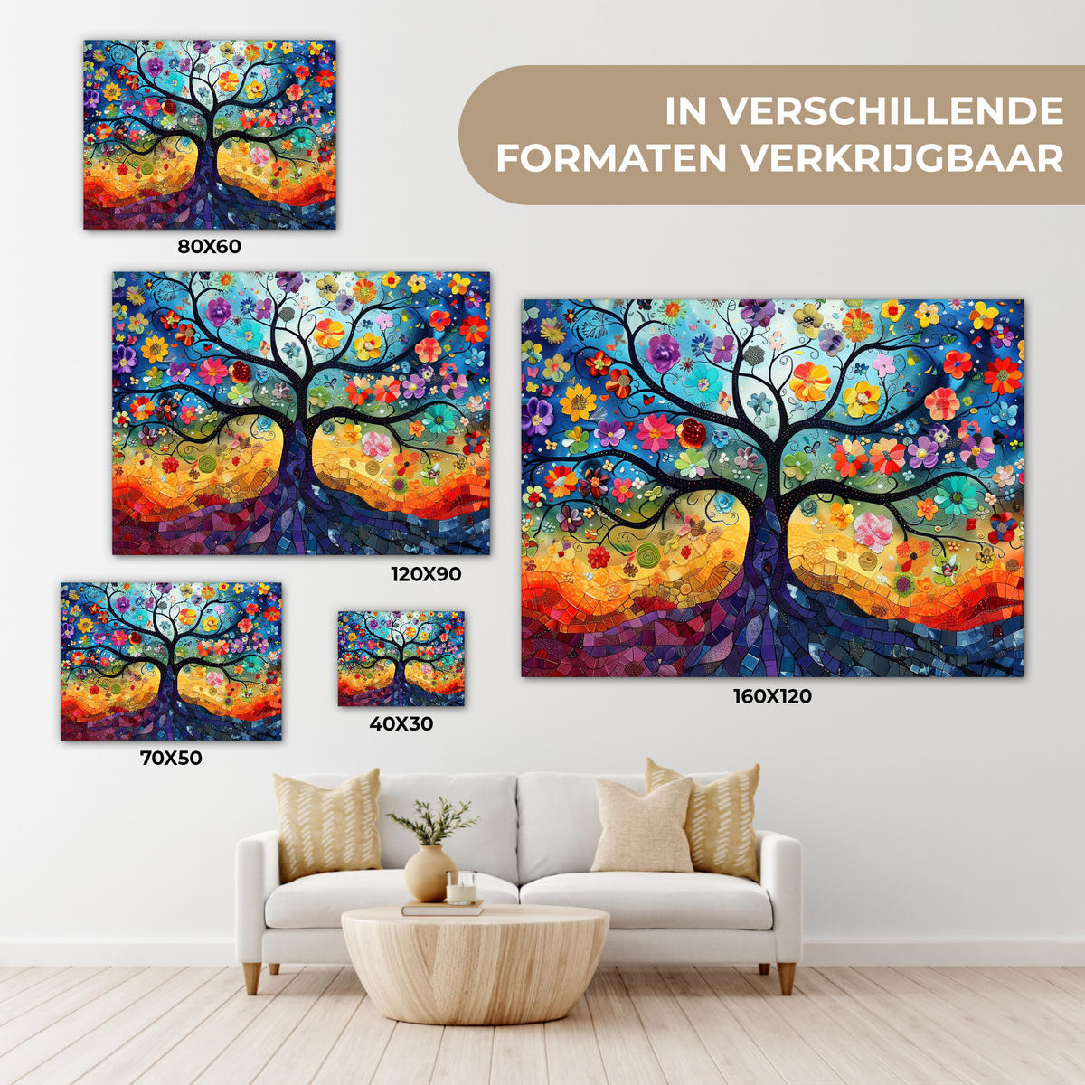 LEINWANDBILD Kunst - Baum des Lebens - Blumen - Hippie Wandbild 40x30 cm - Dunkelblau, Textil (40/30cm) - MuchoWow