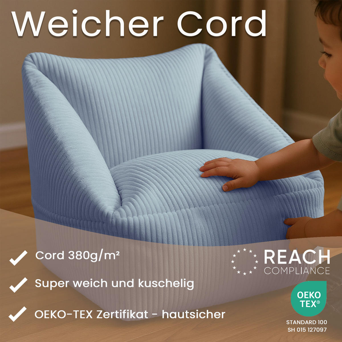 SITZSACK-SESSEL Bambino 55/60/55 cm, weicher Bouclé 315 g/m², mit Griff & Seitentasche, Hellblau - Hellblau, Textil (55/55/60cm) - Dreamroots