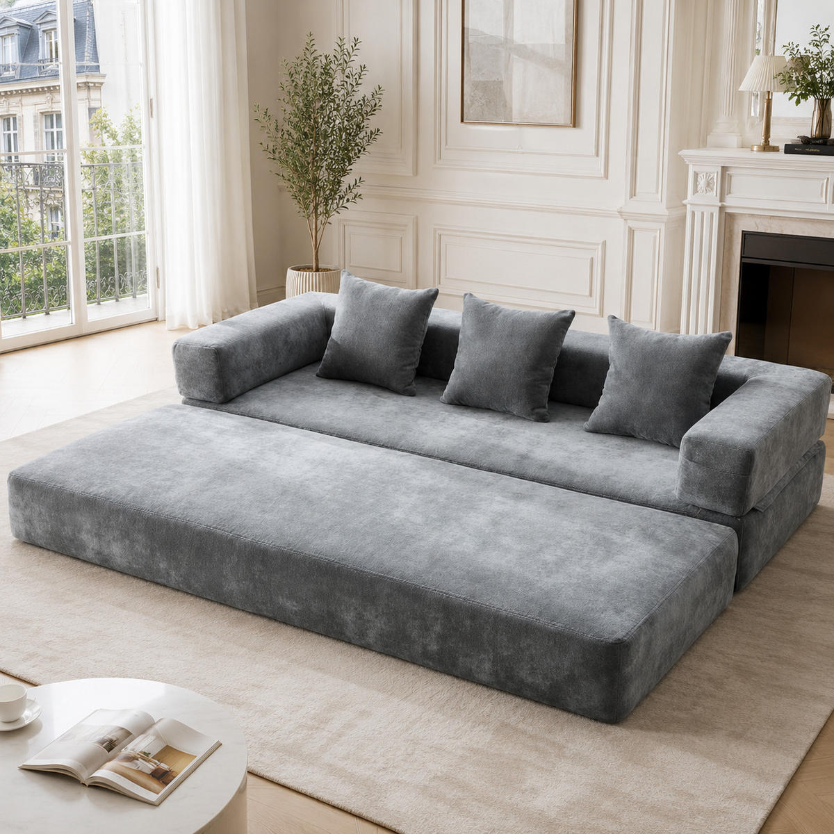 SCHLAFSOFA 2-Sitzer Chenille Dunkelgrau modular mit Seitentaschen und rutschfester Unterseite - Dunkelgrau, Textil (79/60/198cm) - Luhomfu