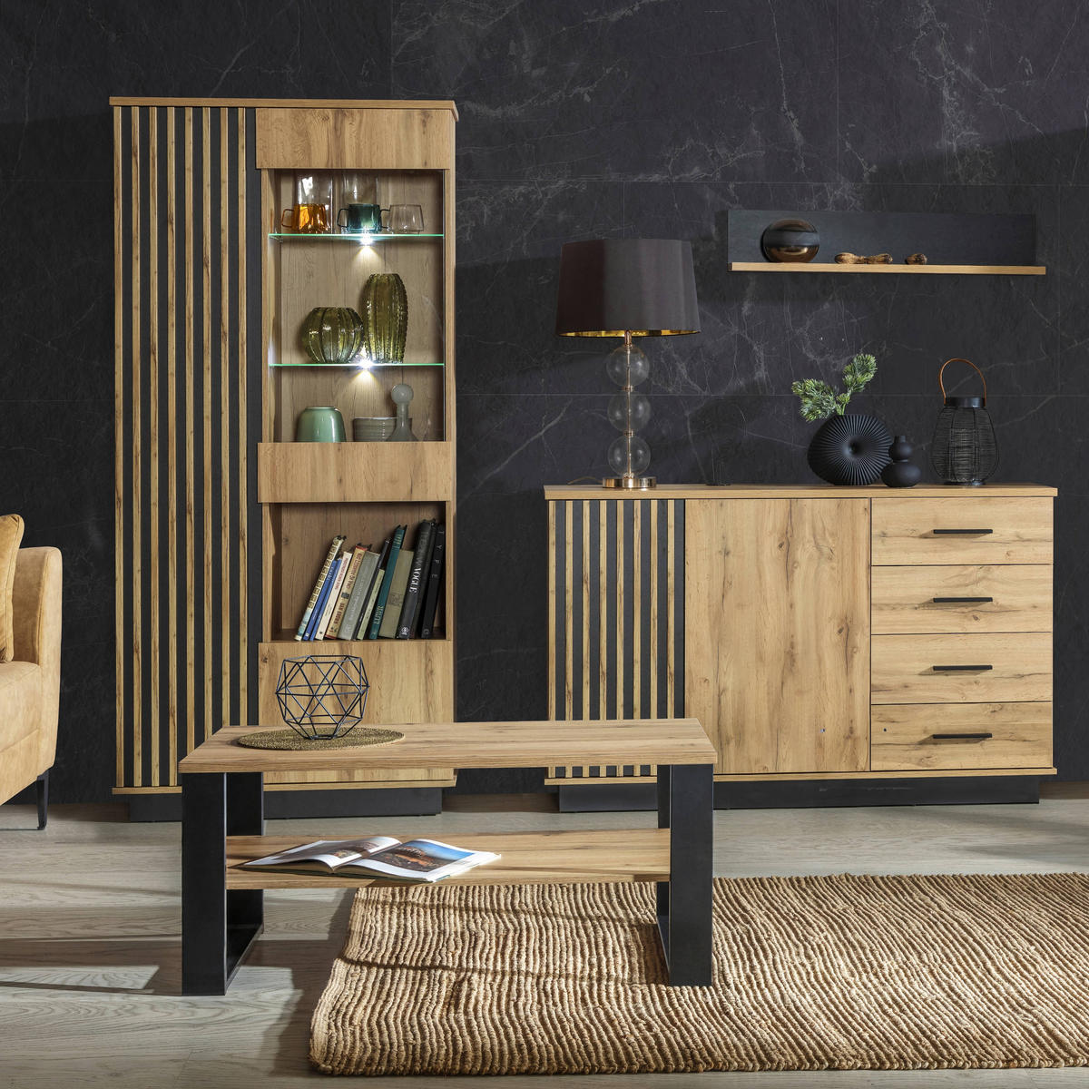 COUCHTISCH Lamelo mit Ablage, 100×56 cm, Eiche Wotan+Schwarz - Eiche Wotan, Holzwerkstoff (100/56/49cm) - Beautysofa