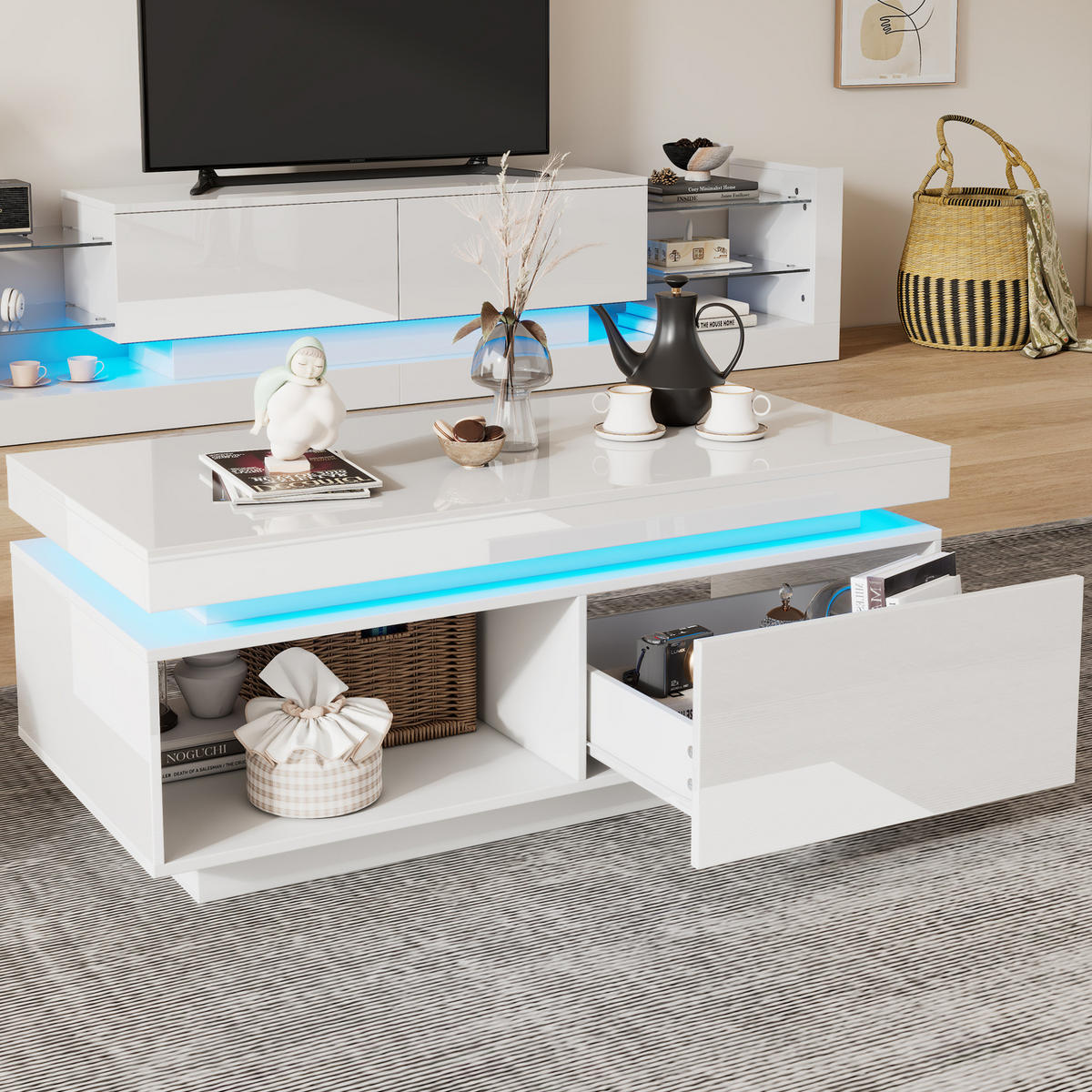 COUCHTISCH aus Spanplatte 100x50x40 cm in Weiß mit LED-Beleuchtung - Weiß, Holzwerkstoff (100/50/40cm) - Modfu