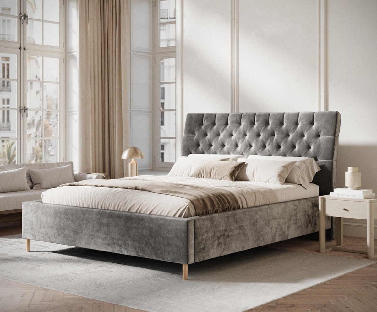 POLSTERBETT Vezzola Grau 120/200 cm im Chenille-Stoff - Naturfarben/Grau, Holz/Holzwerkstoff (120/200cm) - Maison de Reve