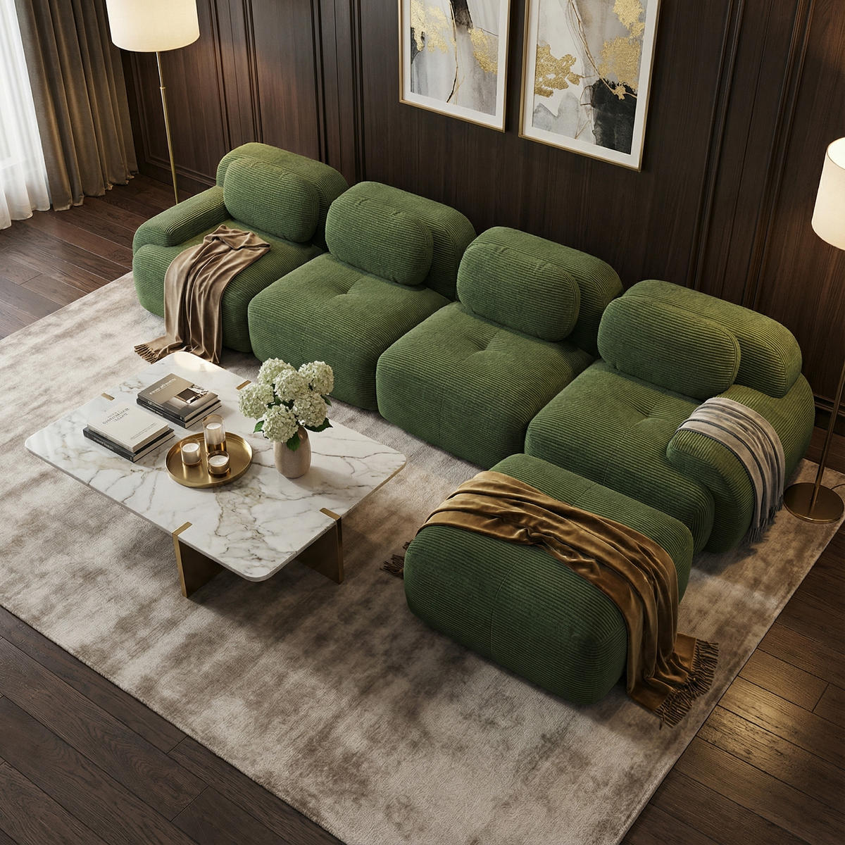 ECKSOFA 4-Sitzer in Premium-Cord Montagefrei & Rutschfest - Grün, Textil (388/178cm) - Urban Meuble