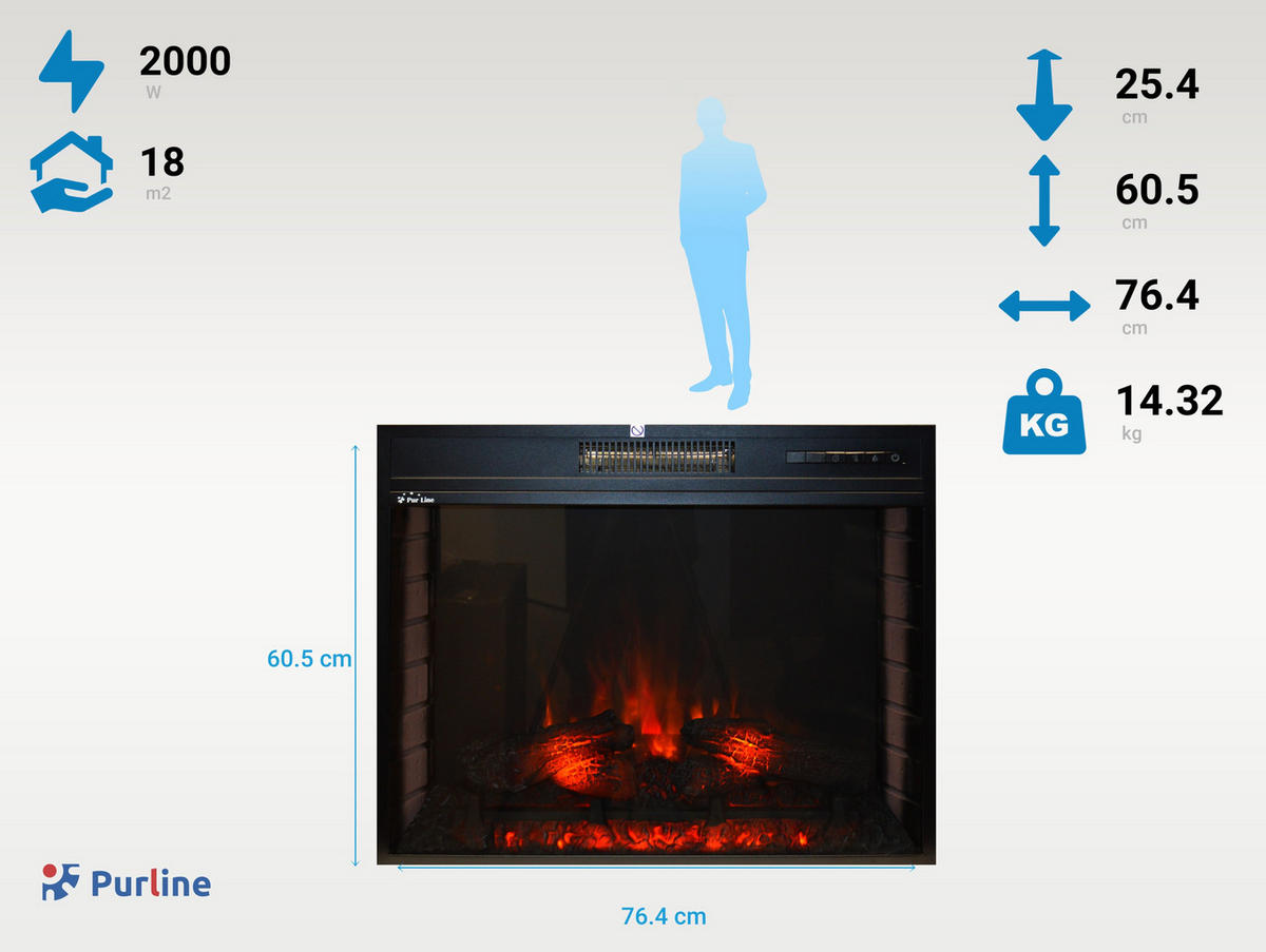 ELEKTROKAMIN Schwarz Wandmodell mit Heizung 2000 W - Schwarz, Glas (76/61/25cm) - Purline
