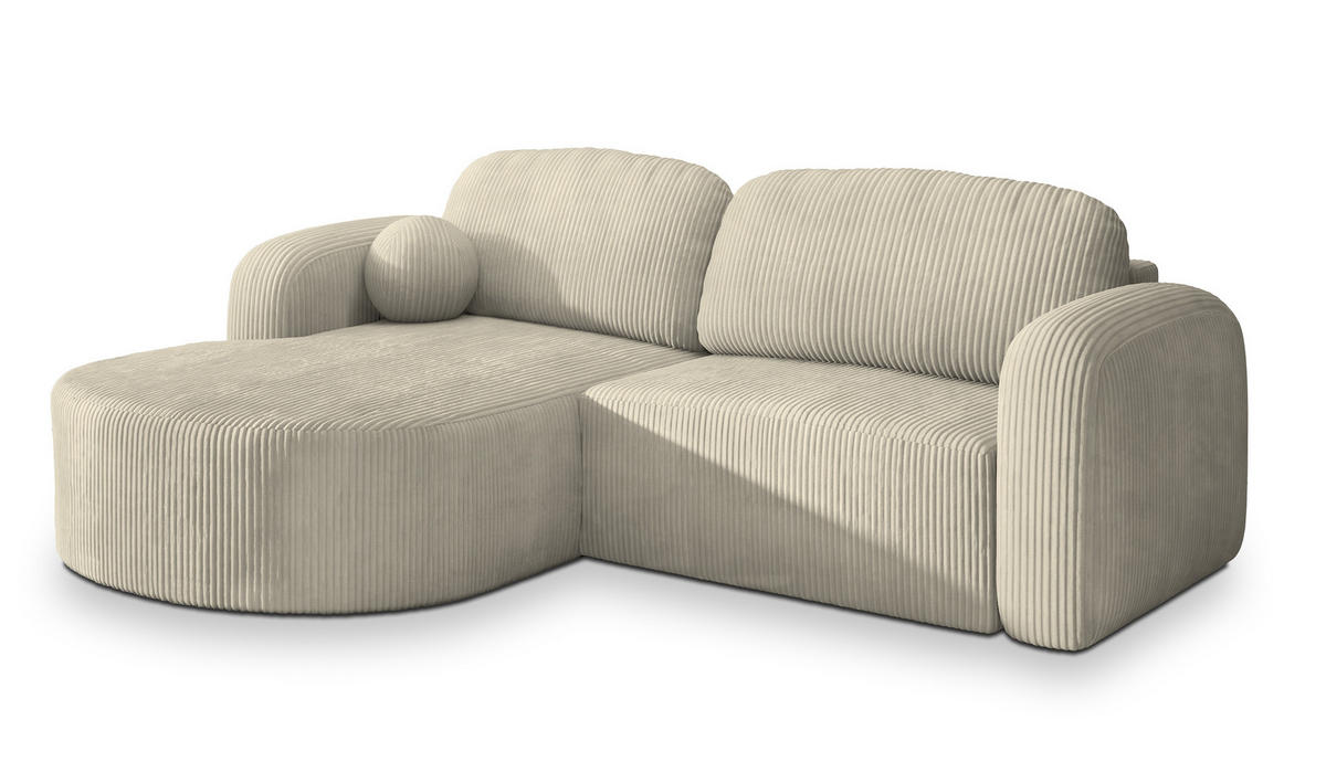 ECKSOFA AMILIA P L-S Creme Kordstoff mit Schlaffunktion - Creme, Holz (263/174cm) - MASSENO