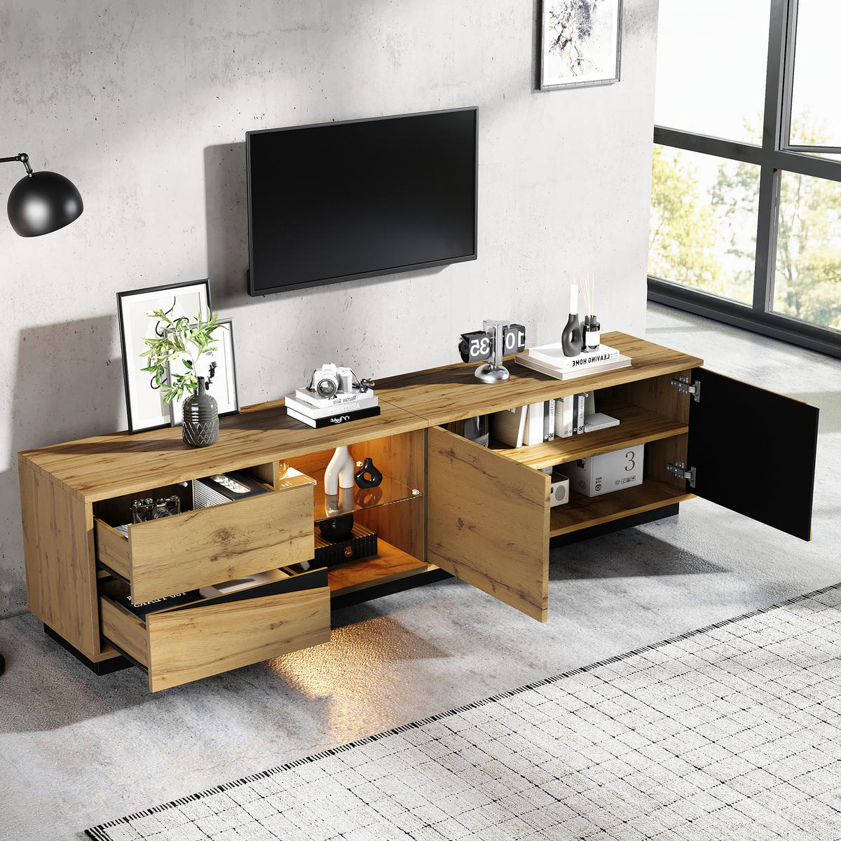TV-LOWBOARD 170cm MDF Weiß Riffel-Optik 5 Türen Eisenfüße & Griffe - Naturfarben, Holzwerkstoff (180/45/35cm) - Urban Meuble