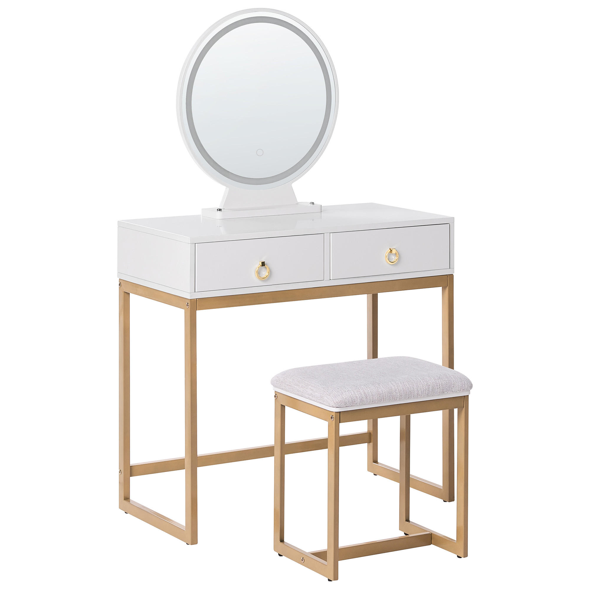 TOALETNA MIZICA z okroglim LED ogledalom stolček 4 predali bela/zlata Auxon - zlate barve/bela, leseni material (80/132/40cm) - Beliani