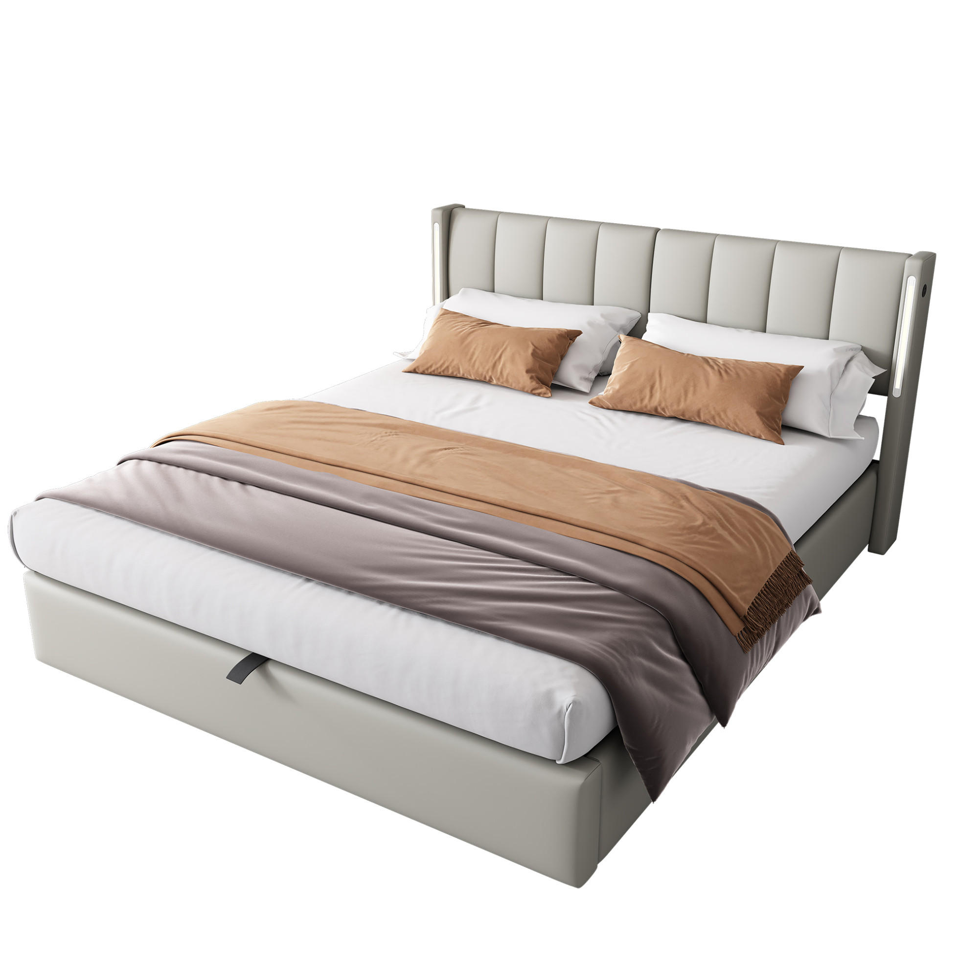 POLSTERBETT 140/190 cm mit LED-Beleuchtung, USB-/Type-C-Anschluss, verstellbarem Kopfteil und Bettkasten, PU, Grau - Grau, Kunststoff (140/190cm) - Redom
