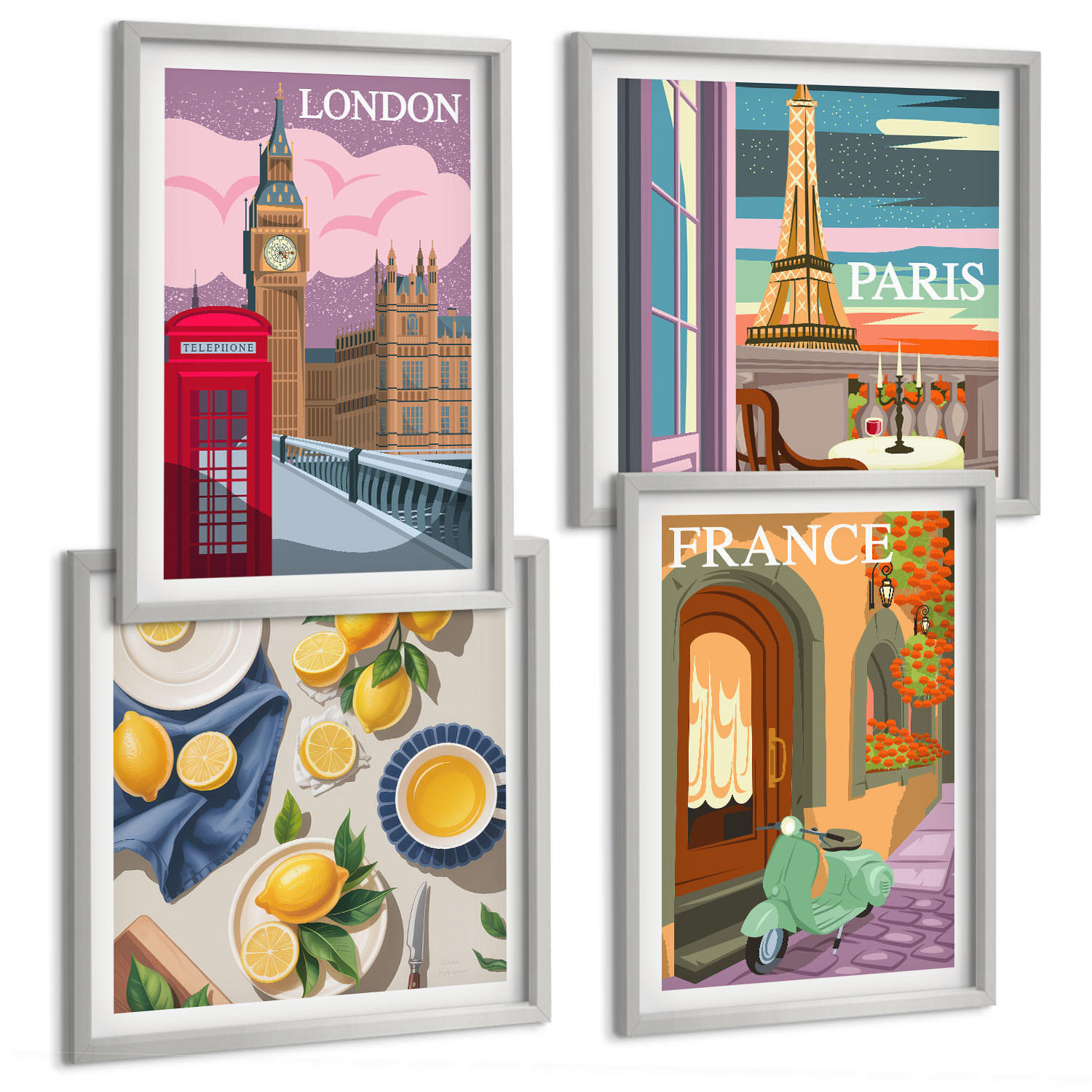 BILDER SET 4er Set - 50x50 cm & 40x60 cm Silberner Rahmen - Stadtansichten Paris London Frankreich - Silberfarben, Kunststoff (50/50cm) - TULUP