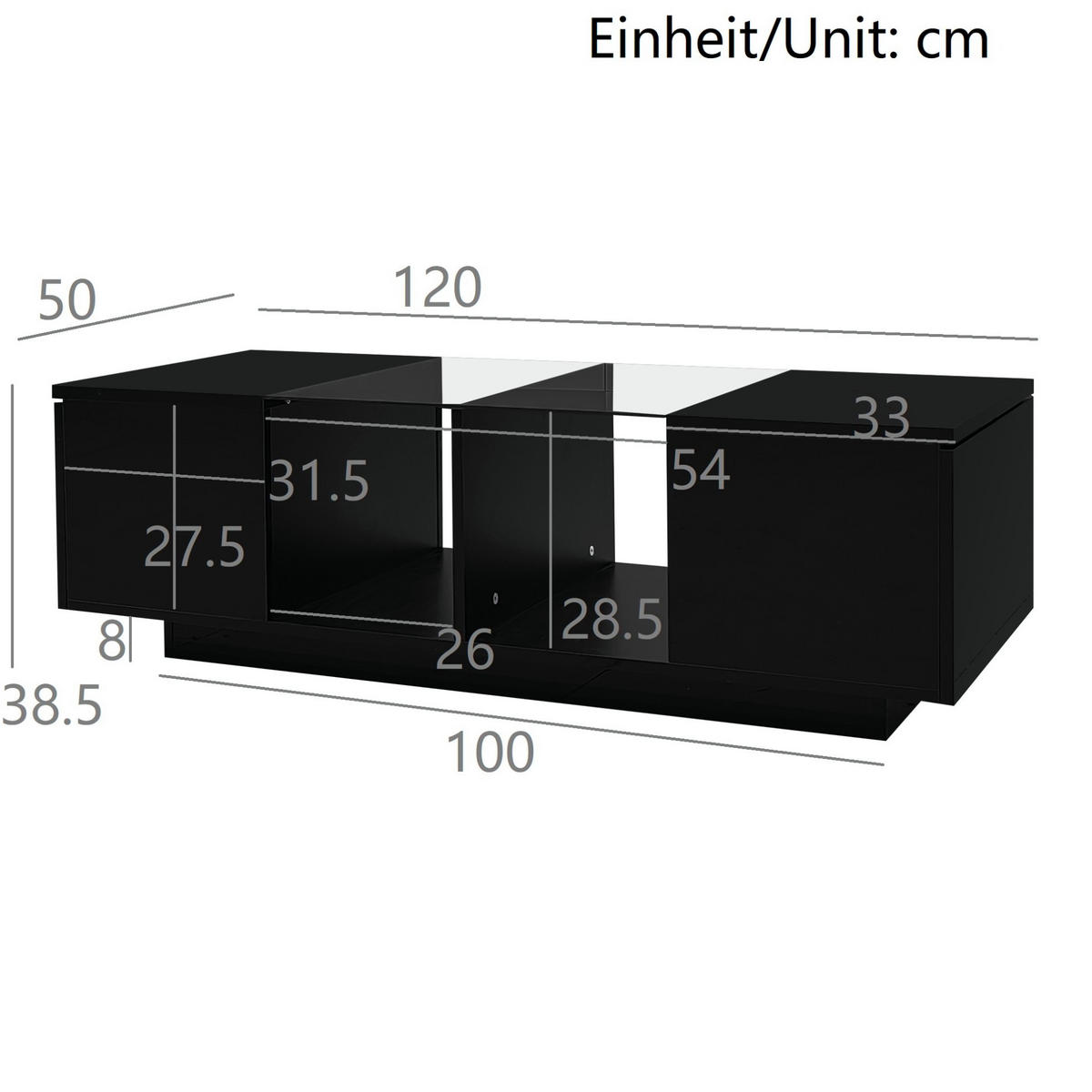 COUCHTISCH 120/50/38,5 cm schwarz mit LED-Beleuchtung und Glasplatte - Schwarz, Holzwerkstoff (120/50/38.5cm) - OKWISH