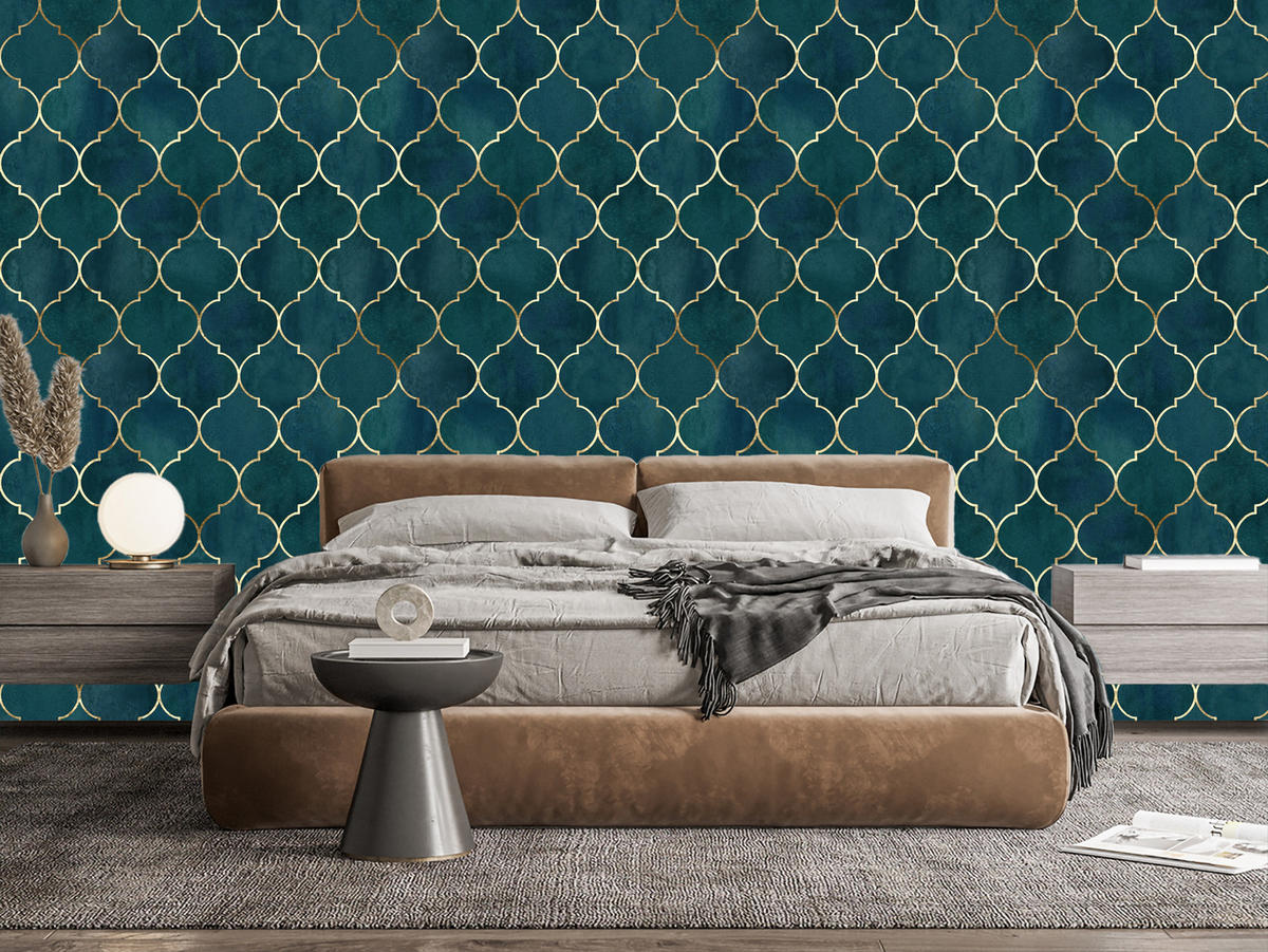 VLIESTAPETE Marokkanische Ornamente – Petrol, Goldfarben – 50x1000 cm - Goldfarben/Petrol, Papier (50/1000cm) - Muralo