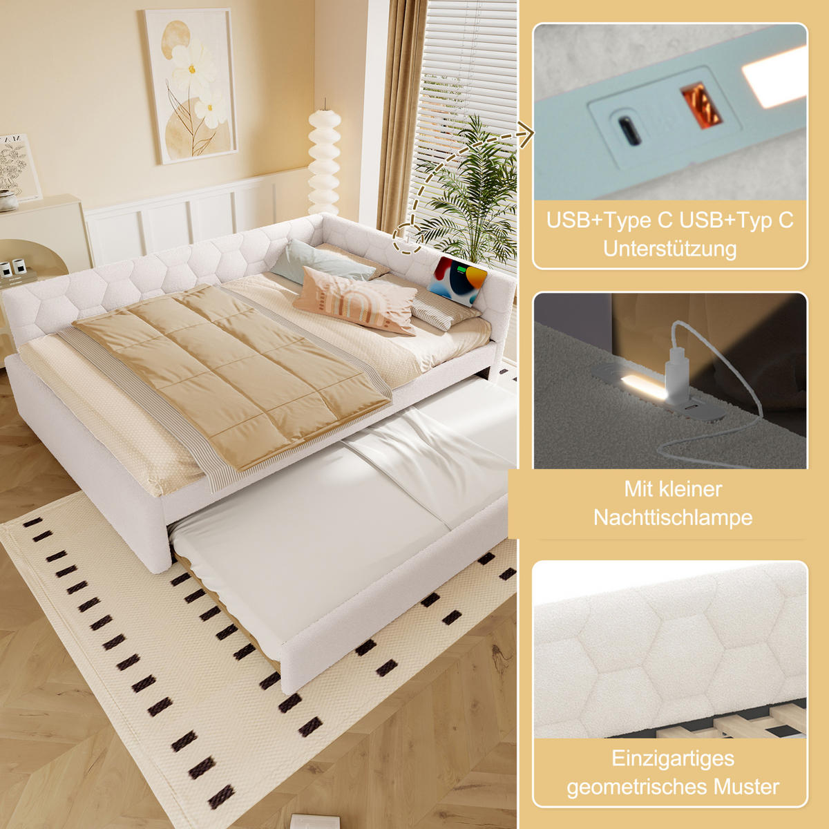 POLSTERBETT 140/200 cm Weiß aus Vliesimitat und MDF mit Ausziehbett - Weiß, Textil (140/200cm) - OKMYHOME