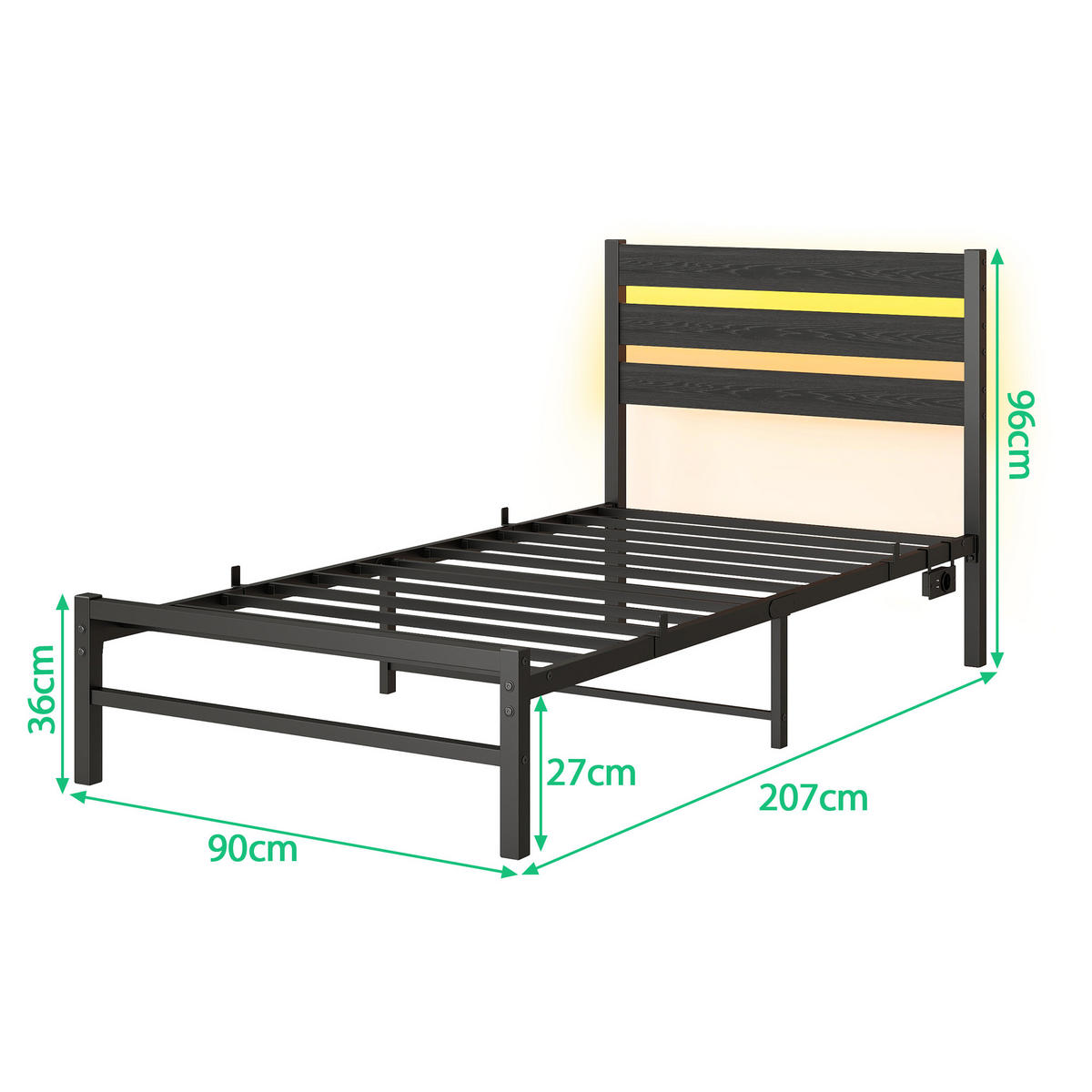 METALLBETT 90x200 cm LED USB Stauraum - Schwarz, Holzwerkstoff (90/200cm) - LEBENLANG