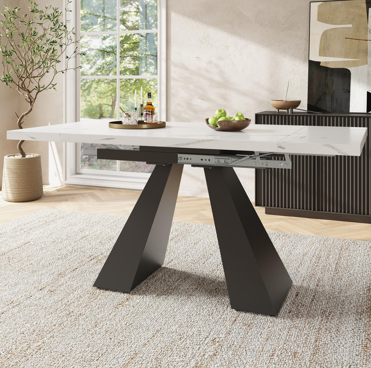 ESSTISCH 99-159x74x77 cm in Weiß und Schwarz aus MDF mit Marmoroptik auf stabilen Carbonstahl-Beinen ausziehbar - Weiß, Holzwerkstoff (74/159/77cm) - Modfu