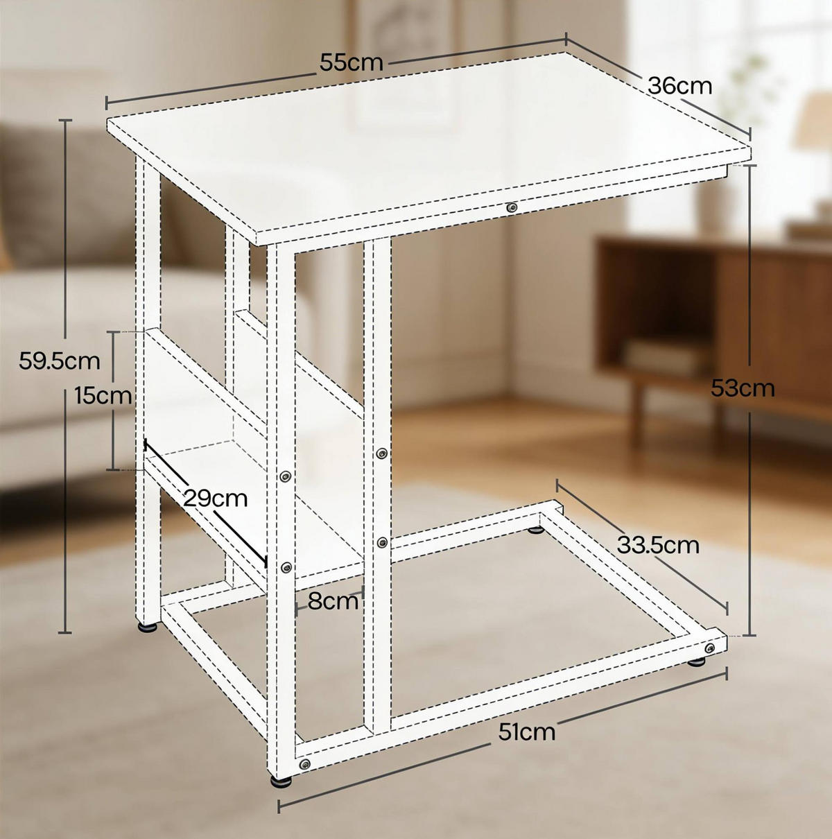 COUCHTISCH aus Holz & Metall 55x36x59,5 cm in Naturfarben mit Seitenregal - Naturfarben, Holzwerkstoff (55/36/59.5cm) - Modfu