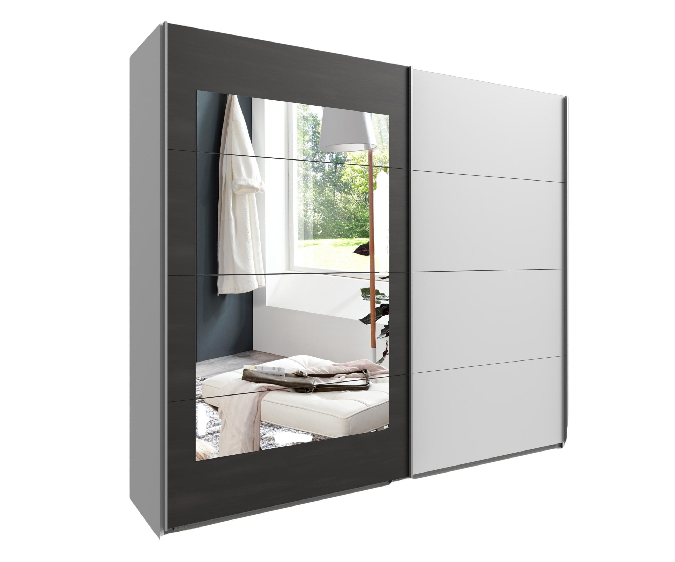 luma-home SKŘÍŇ S POSUVNÝMI DVEŘMI, 2dveřová, 225 × 208 × 65 cm (Š×V×H), v bílé barvě s rámovým zrcadlem na dveřích v šedém provedení imitujícím ocel