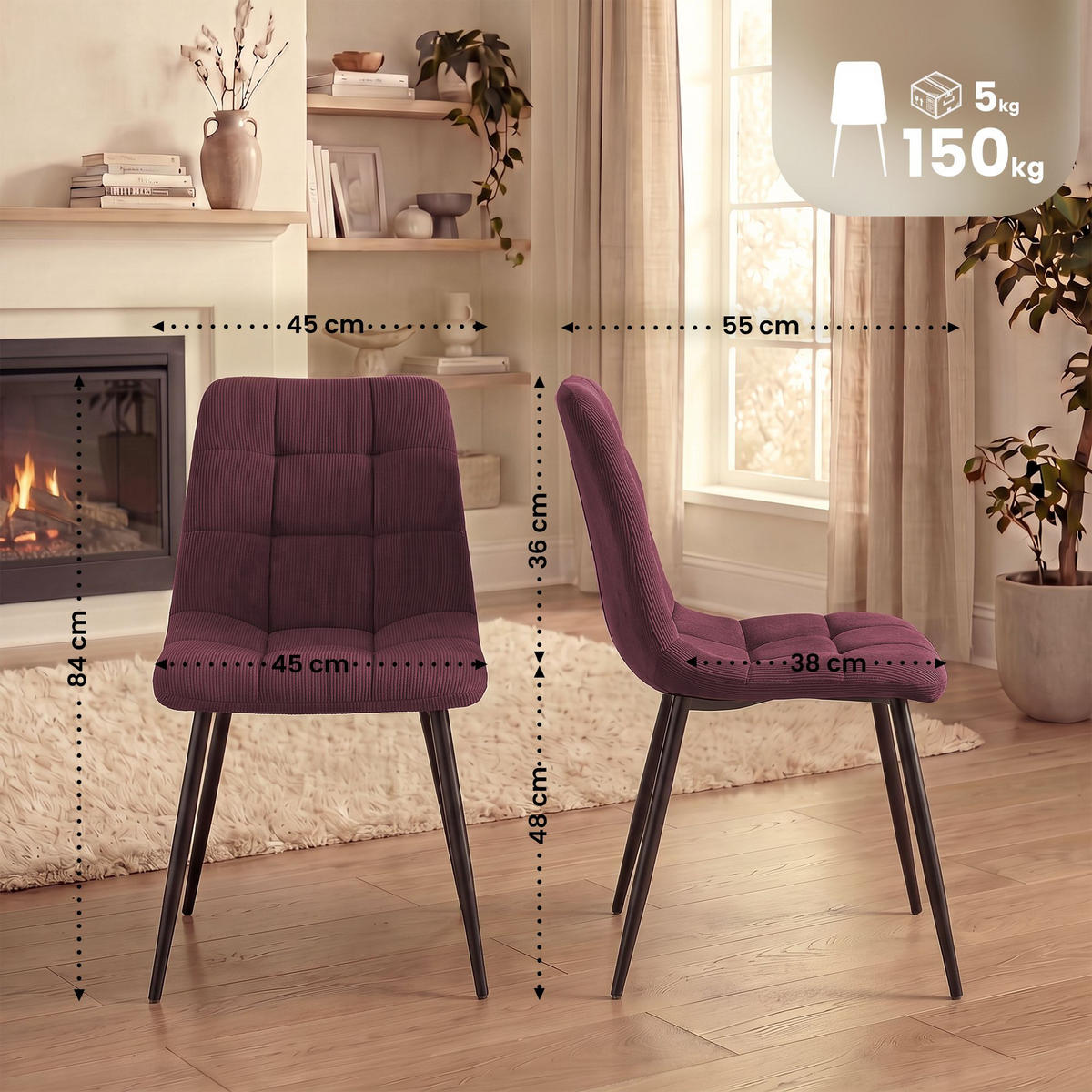 STUHL 4 Cord Bordeauxrot - Bordeaux/Schwarz, Textil/Metall (45/84/55cm) - CLP
