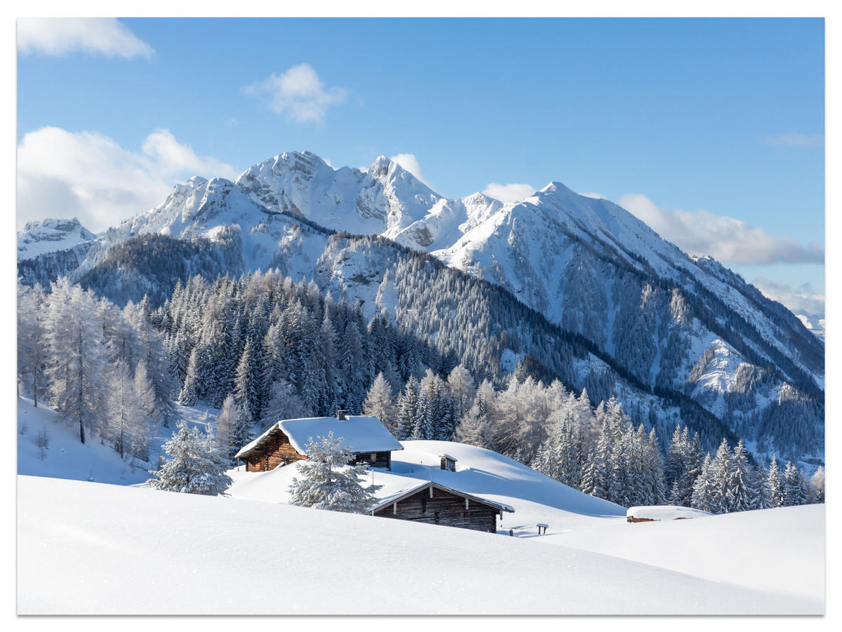 FOTOTAPETE für Wohnzimmer Felsige Berge Winter Tannen Holzhütten Schnee 300x210 - Braun/Weiß, Papier (300/210cm) - Muralo