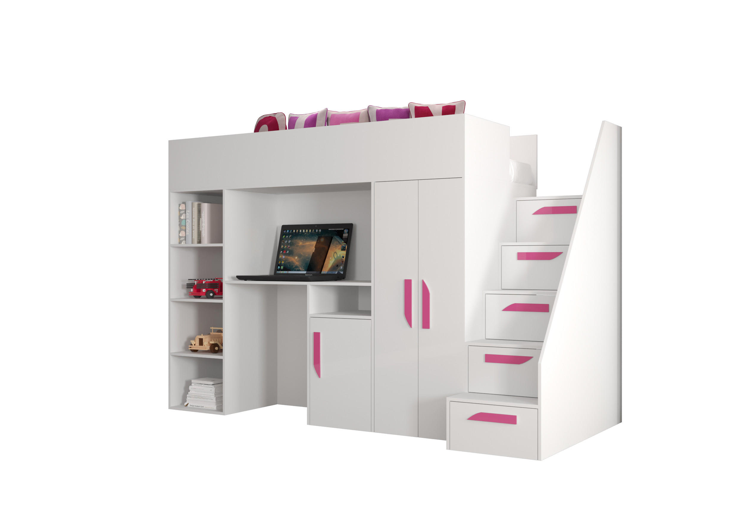 Abiks Möbel Hochbett Weiß, Weiß, Pink 90x200 cm