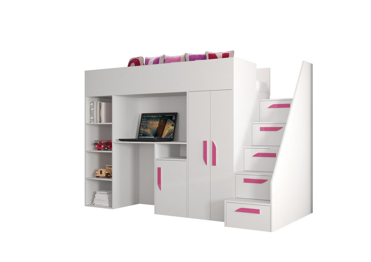 HOCHBETT mit Schreibtisch 90/200 cm - Pink/Weiß, Holz (90/200cm) - Abiks Möbel