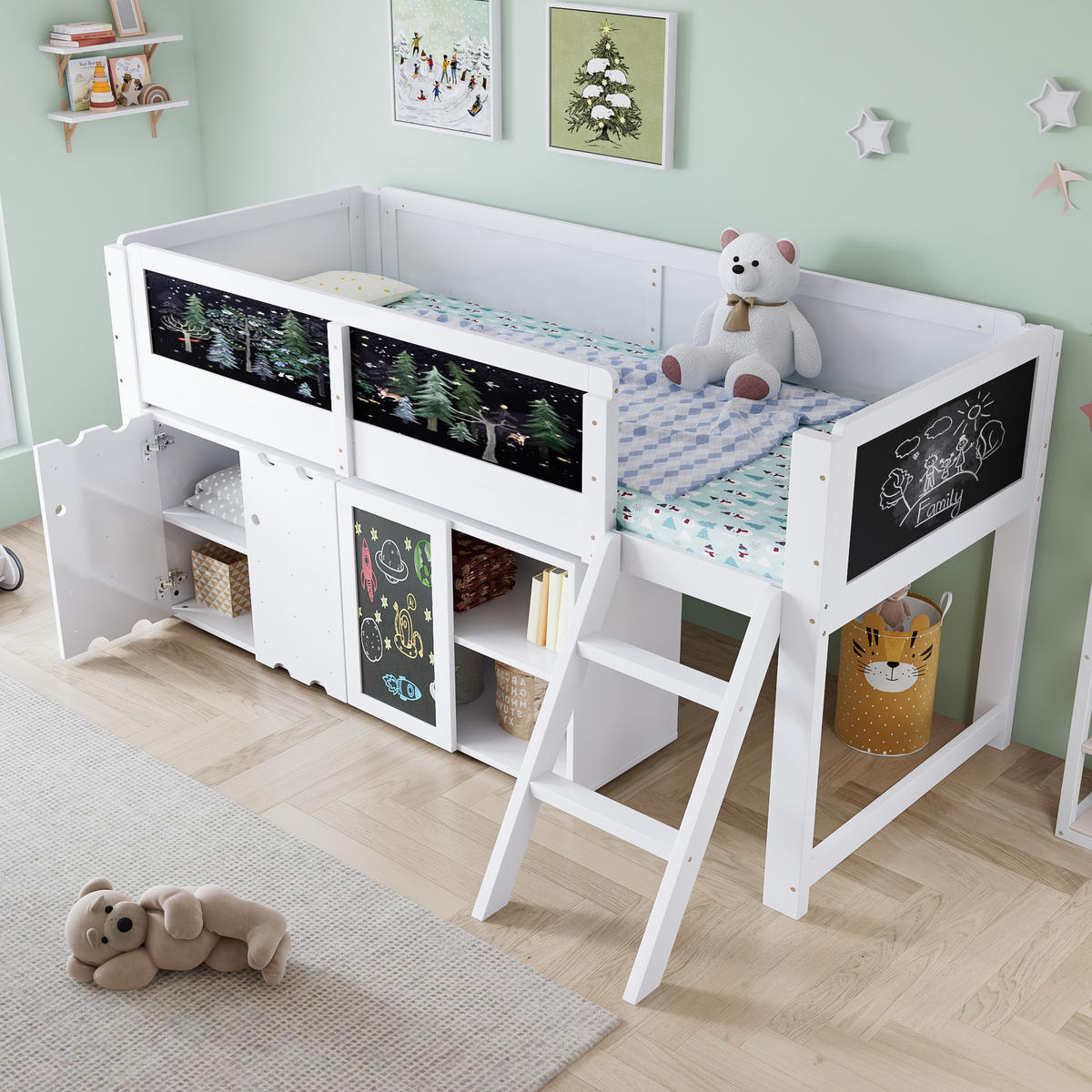 HOCHBETT 90/200 cm Weiß Schwarz mit Stauraum und Kreidetafel aus Kiefer und MDF - Weiß, Holzwerkstoff (90/200cm) - OKWISH