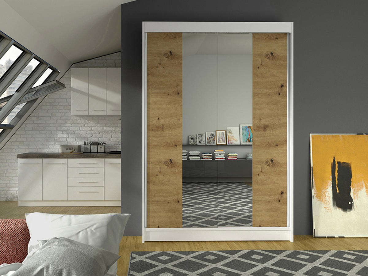 SCHWEBETÜRENSCHRANK Lino II - Weiß/Eiche Artisan, Holzwerkstoff/Metall (120/200/58cm) - MIRJAN24
