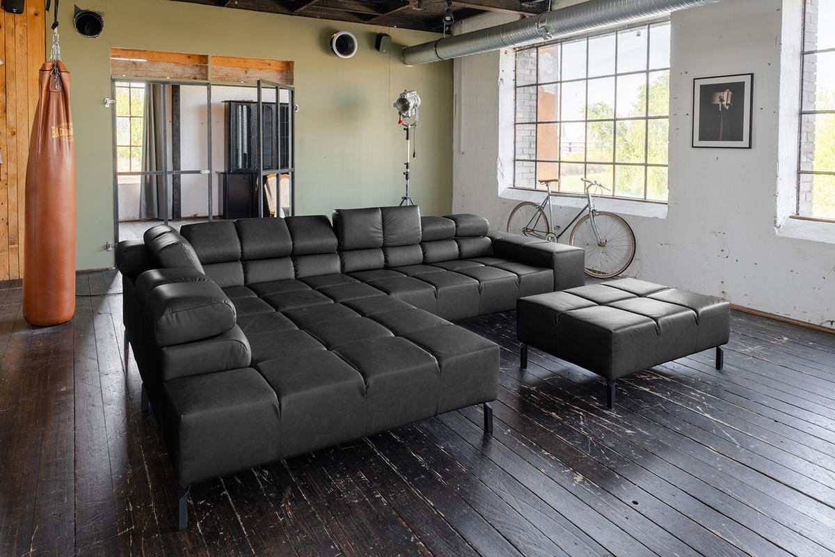 ECKSOFA NELSON Schwarz Leder - Schwarz, Leder/Metall (321/216cm) - KAWOLA