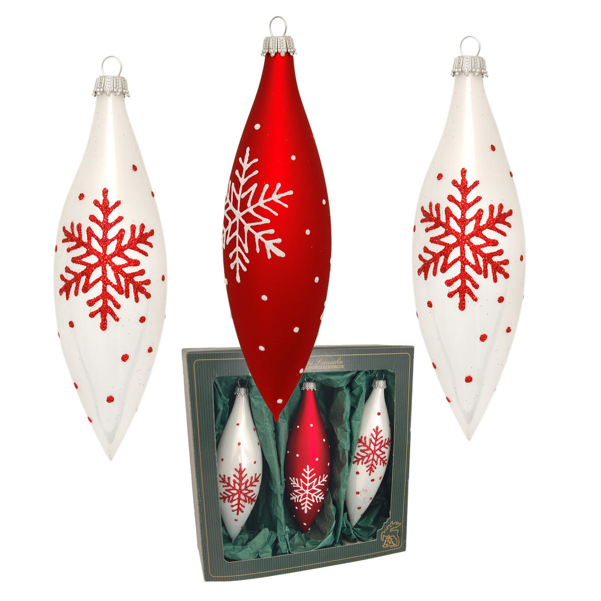 CHRISTBAUMSCHMUCK Oliven Schneeflocke Rot 15cm (Glas / 3 Stk.) - Rot, Glas (4/14/4cm) - Krebs Glas Lauscha