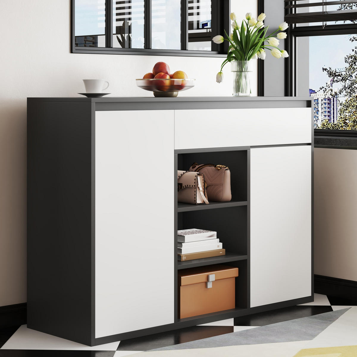 SCHUHSCHRANK 2 Türen LED 12-17 Paar - Schwarz, Holzwerkstoff (105/86/39.5cm) - LEBENLANG