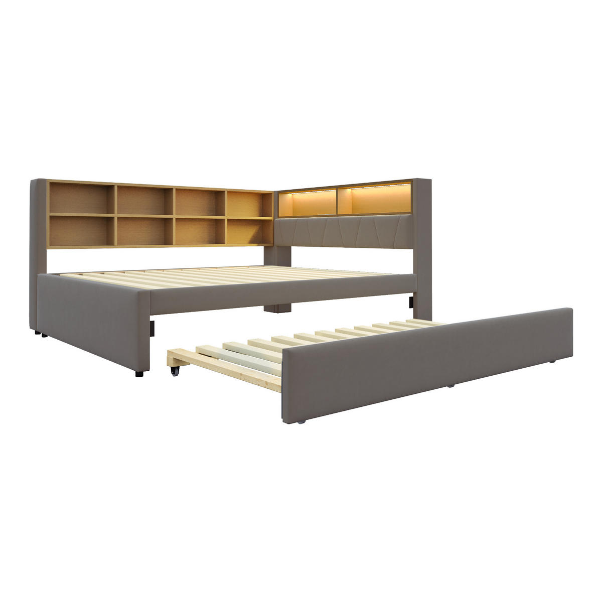 BETT mit Ausziehbett 140/200 cm und LED-Beleuchtung Dunkelgrau Flanell - Dunkelgrau, Textil (140/200cm) - OKWISH