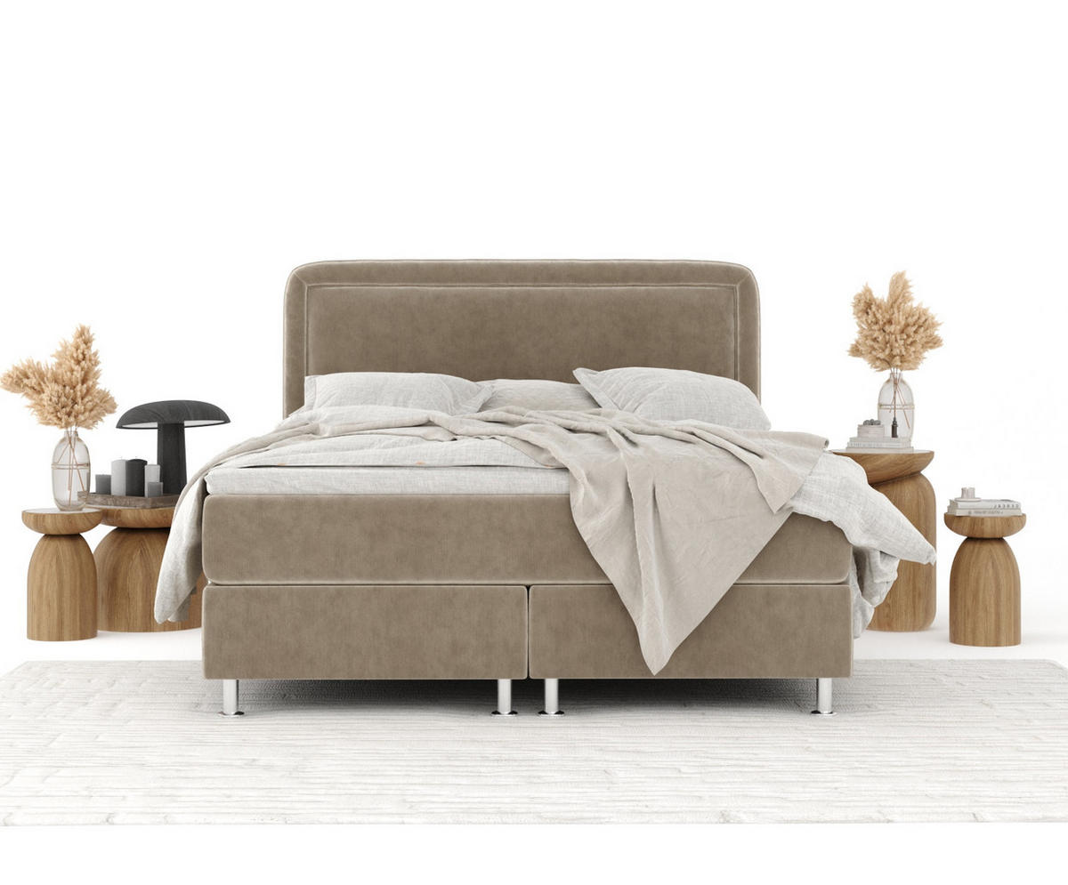 BOXBETT Salvi Beige 180/200 cm mit Matratze und Topper - Beige/Silberfarben, Holz/Holzwerkstoff (180/200cm) - Maison de Reve