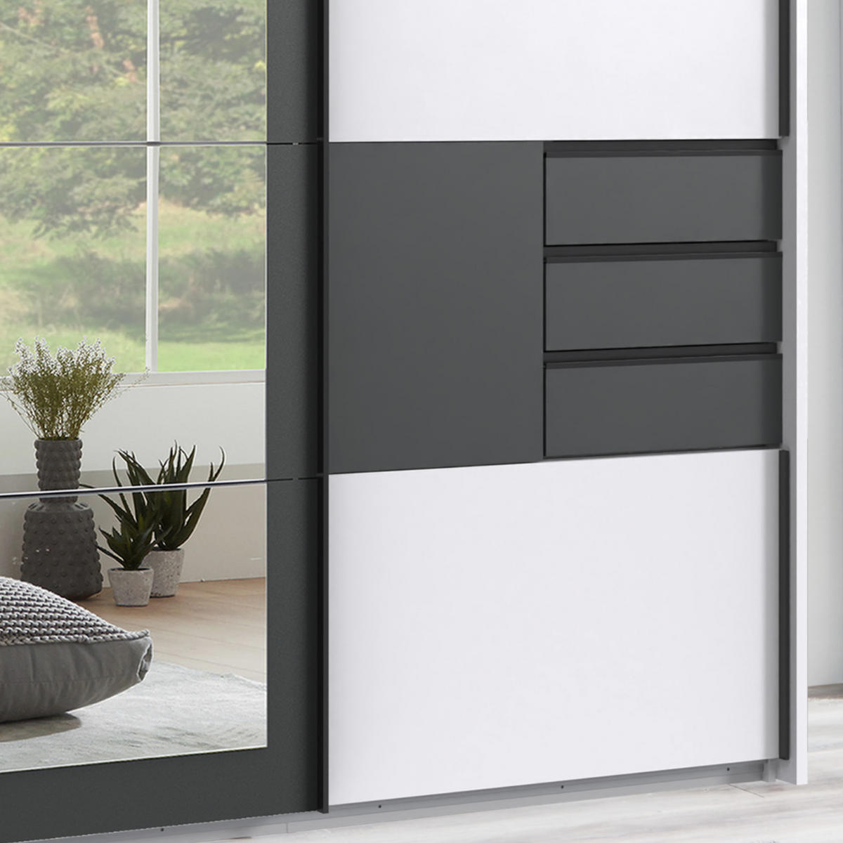 SCHWEBETÜRENSCHRANK 3-türig mit Passepartout, Spiegel, Schubladen, Vollausstattung, Weiß mit Absetzungen in Grafit, B273/H213/64 cm / 22505 - Schwarz/Weiß, Holzwerkstoff/Metall (273/213/64cm) - luma-home