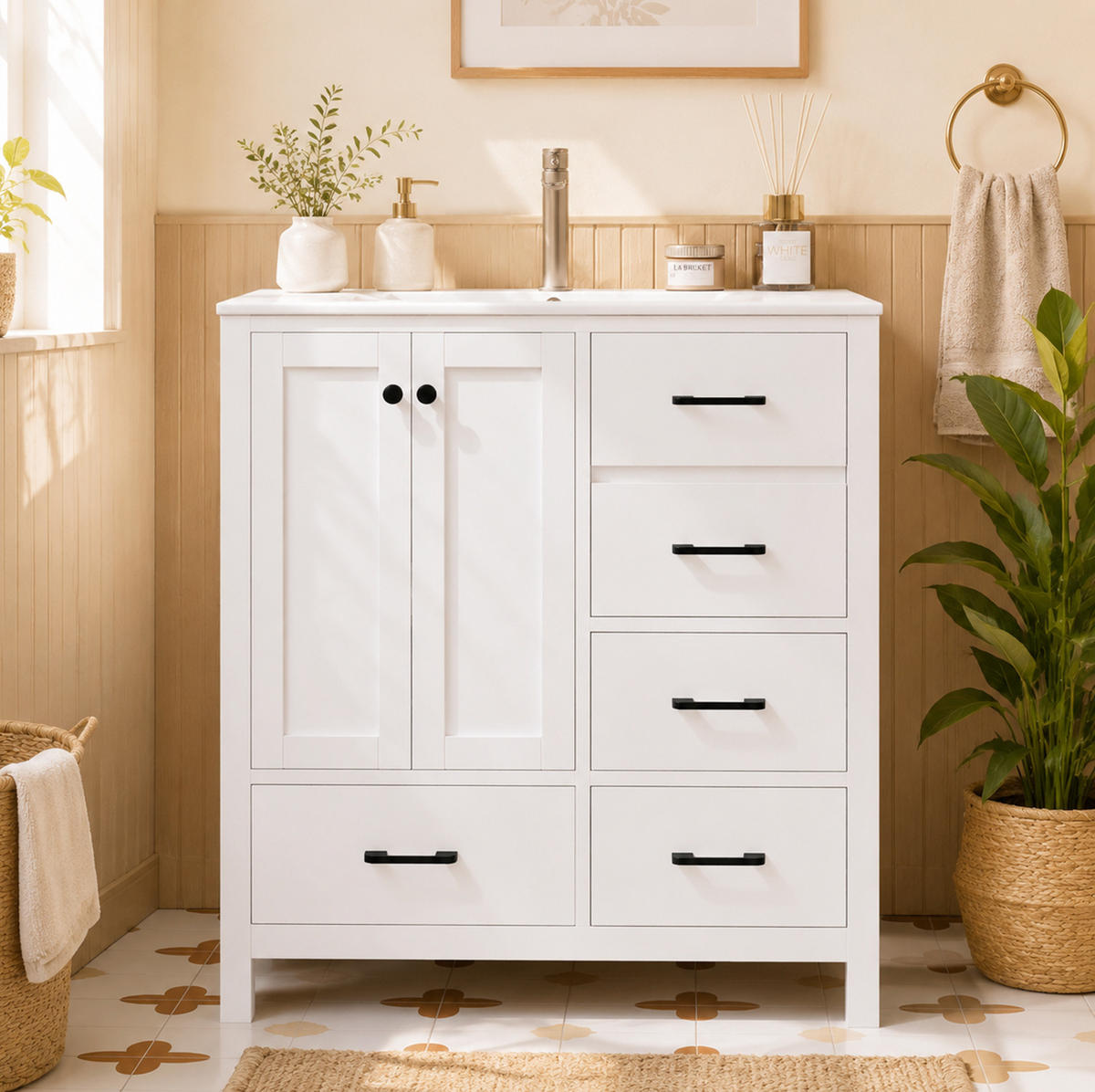 FREISTEHENDER Badezimmerschrank aus MDF und Keramik 76x46x82 cm Weiß mit Waschbecken und Stauraum - Weiß, Keramik (76/82/46cm) - Modfu