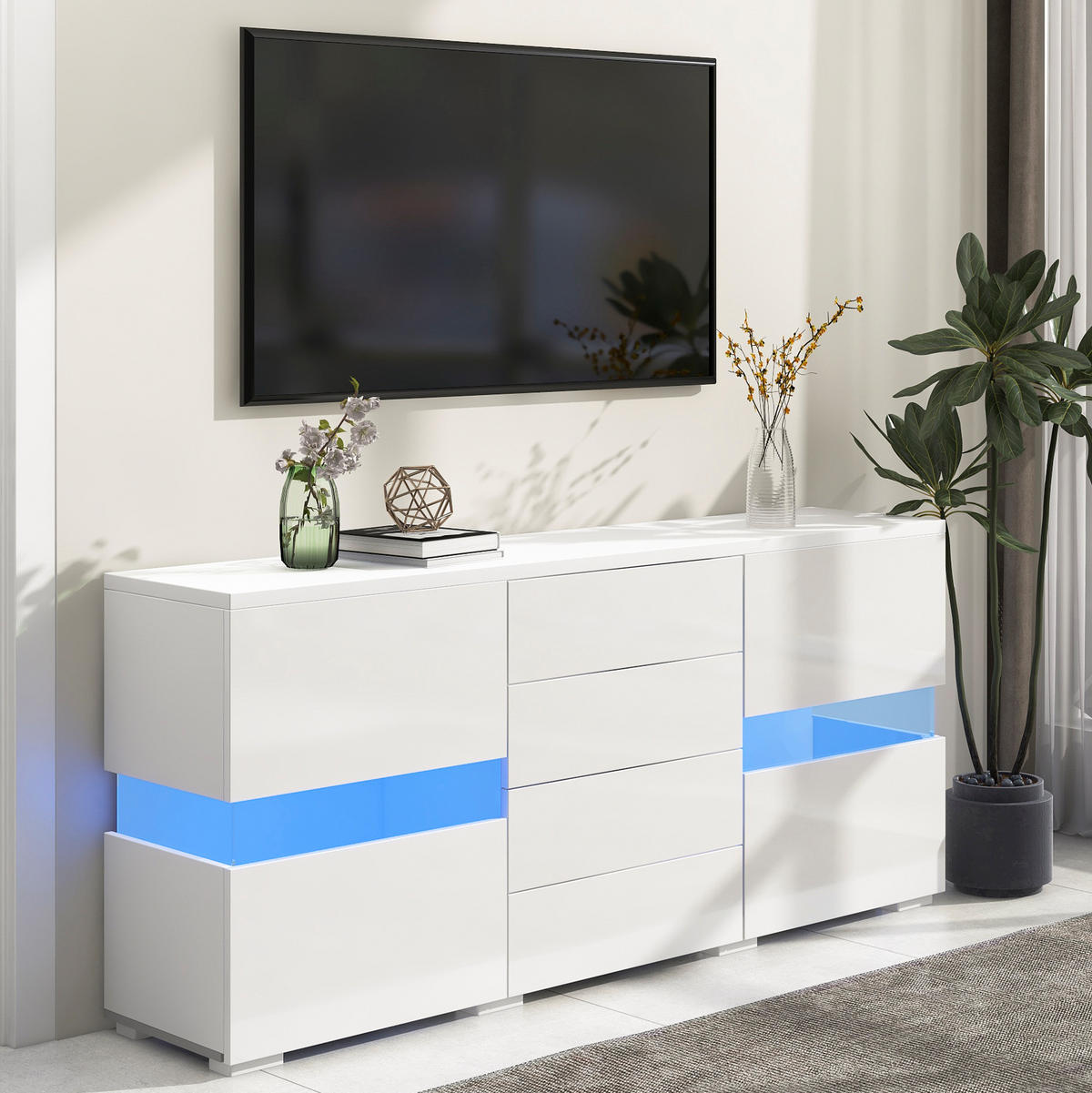 SIDEBOARD 140/35/72 cm Weiß aus MDF mit LED-Beleuchtung - Weiß, Holzwerkstoff (35/72/145cm) - OKMYHOME