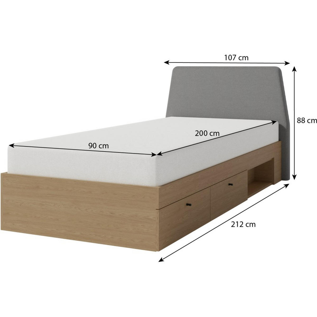 JUGENDBETT Alex mit 2 Schubladen, 90x200 cm, Eukalyptus - Eukalyptusholzfarben/Schwarz, Holzwerkstoff (90/200cm) - Beautysofa