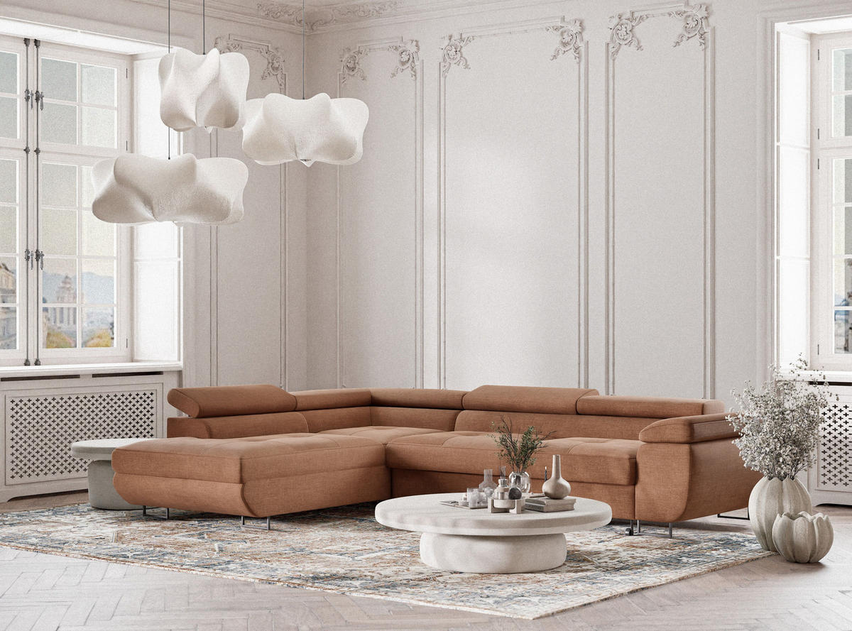 ECKSOFA Concord Hellbraun Chenille-Stoff - Links Seite - Hellbraun/Schwarz, Holz/Holzwerkstoff (203/277cm) - Maison de Reve