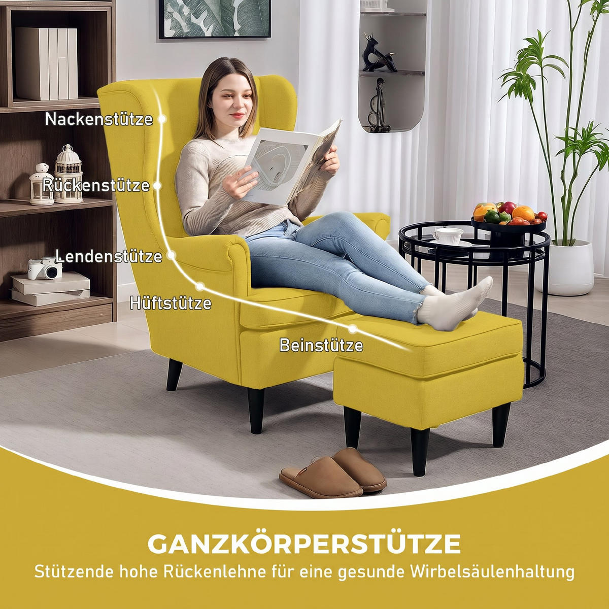OHRENSESSEL-MIT-HOCKER 2er Set Polyester Schaumstoff Gelb - Gelb/Schwarz, Holz/Textil (75/104/83cm) - HOMCOM