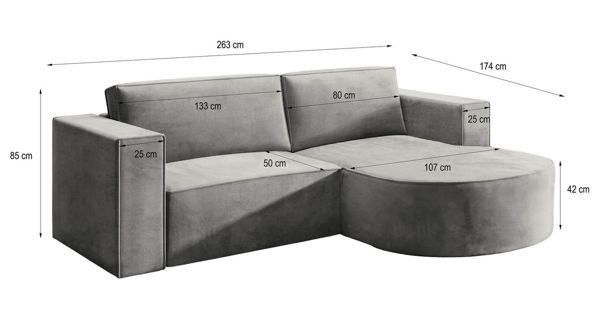 ECKSOFA SORELA M R-S Grau Velours-Stoff mit Schlaffunktion - Grau, Holz (263/174cm) - MASSENO