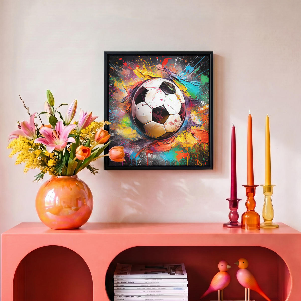 LEINWAND Bilder mit Rahmen - Fußball - Farbe - Farben - Schwarz - Weiß - 20x20 - Weiß, Textil (20/20cm) - MuchoWow